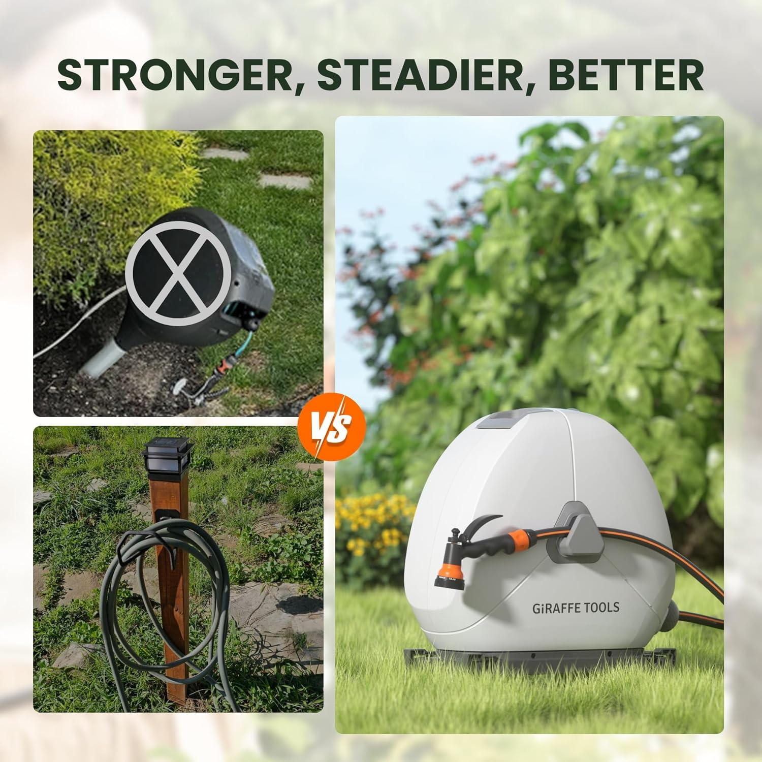 Giraffe Tools Retractable Hose Reel with 25M, Heavy Duty Ground Mount Garden Hose Reel, with 9-Function Sprayer Nozzle & Flexible Swivel Base image number 2