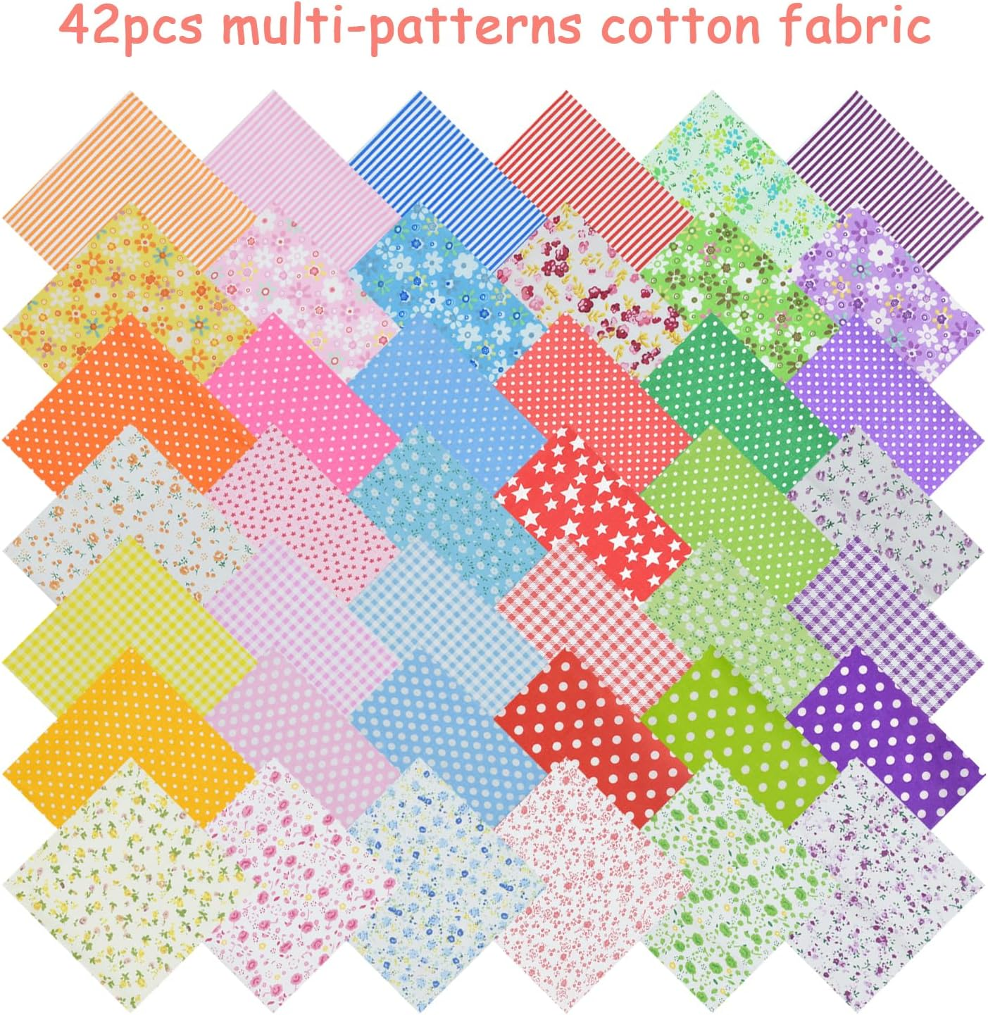 42Pcs 9.8"X 9.8" Fabric Quilting Cotton Patchwork Square Precuts for DIY Sewing Craft, Decorating Scrapbooking, Multi-Color Design, 6 Colors