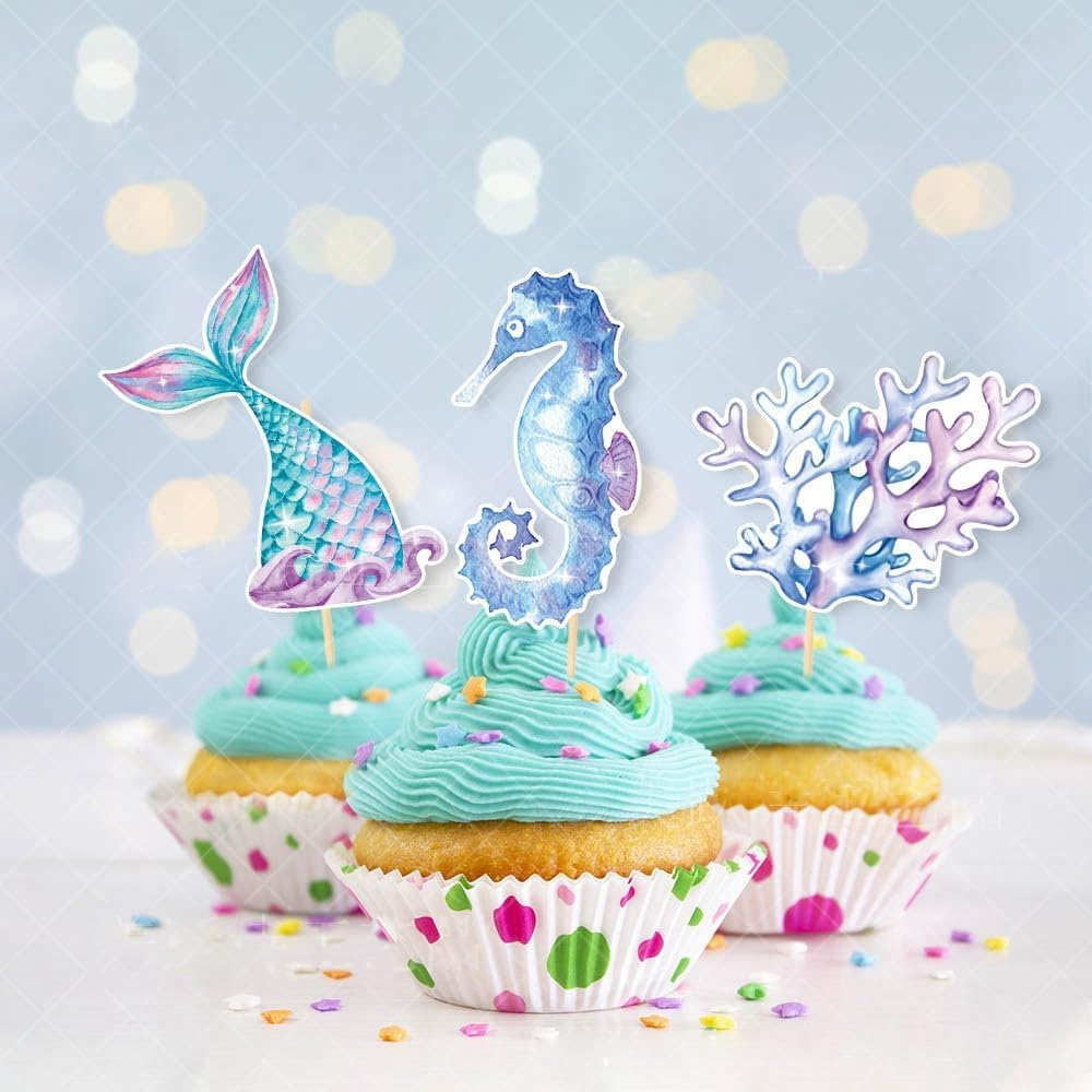 Mermaid Happy Birthday Banner Cake Toppers Hanging Swirls Cupcake Toppers under the Sea Little Mermaid Themed Birthday Decor for Mermaid Princess Birthday and Shower.