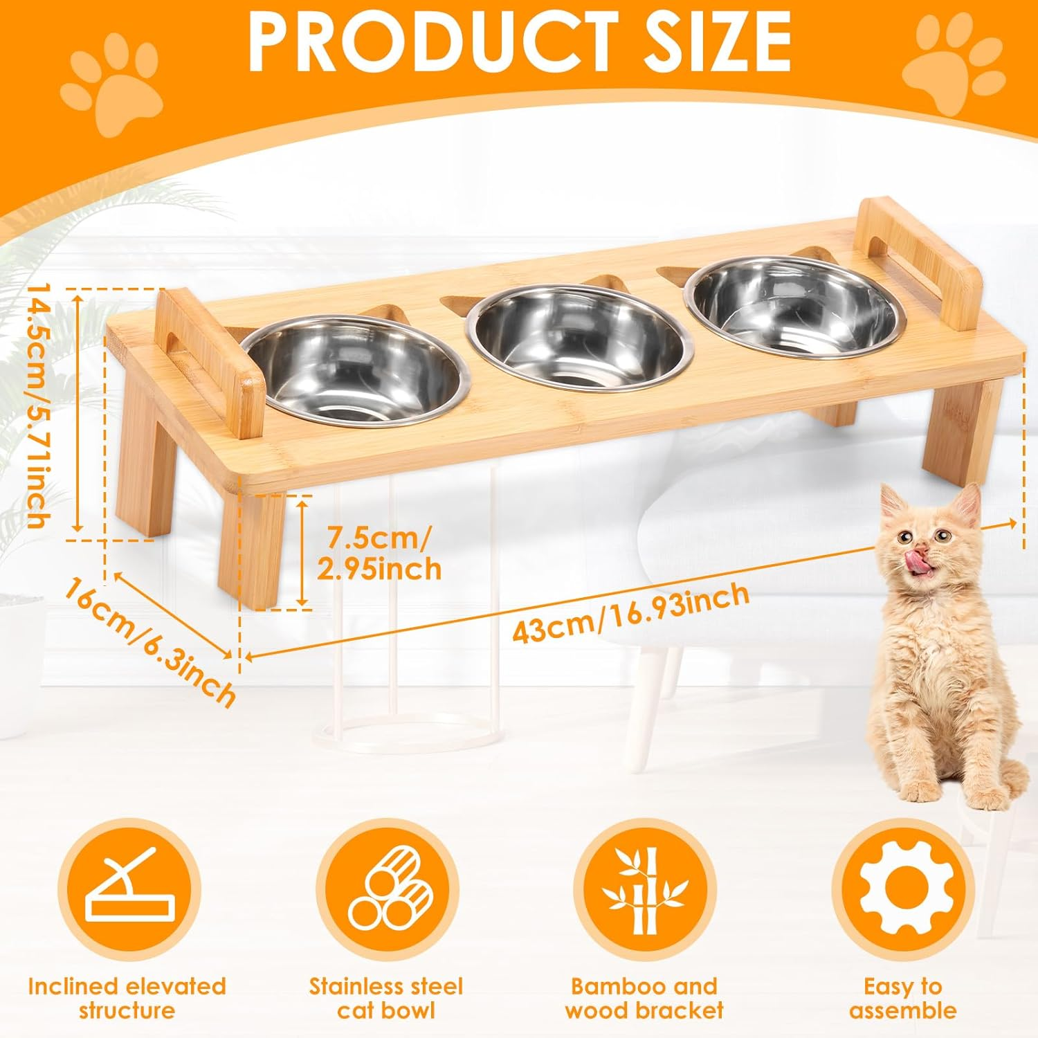 Elevated Cat Bowls with Bamboo Stand Tilted Raised Pet Food Feeding Dishes with 3 Stainless Steel Bowls for Cats and Puppy (3 Bowls)