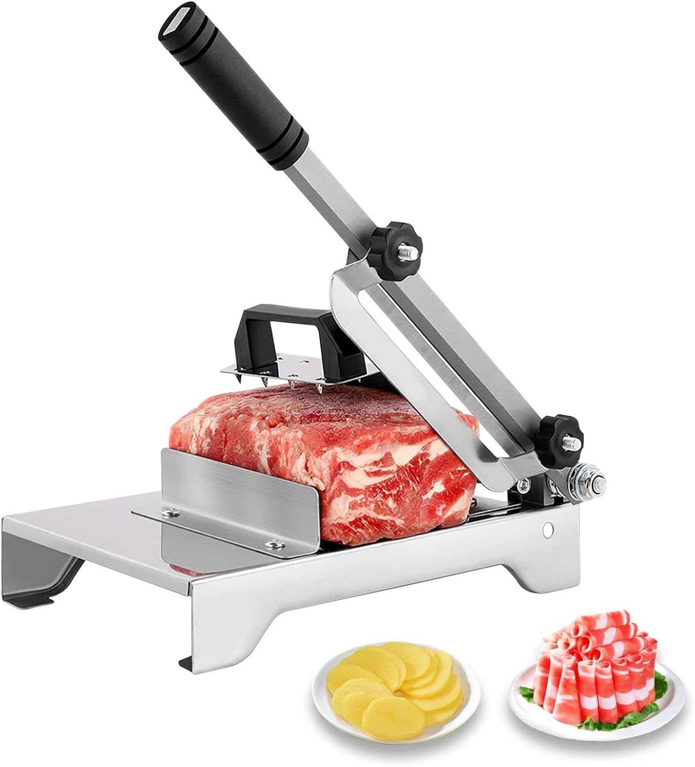 Manual Frozen Meat Slicer, Labor Saving Stainless Steel Beef Slicer Machine with Ergonomic Handle, Adjustable Thickness Meat Guillotine for Frozen Mutton, Pork