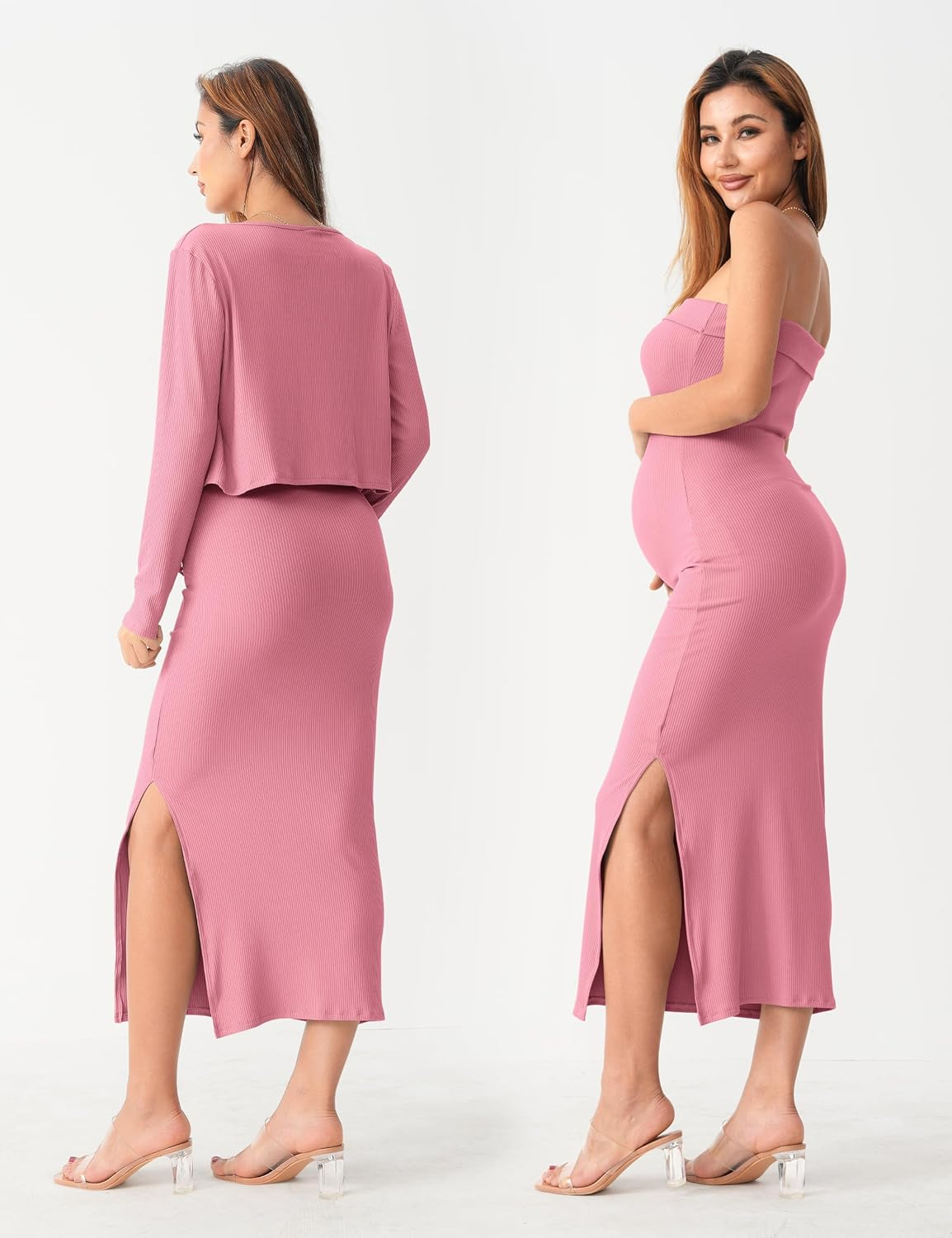 SUNNYBUY Baby Shower Maternity Tube Dress Short Cardigan Bodycon Ribbed Maxi Dress Casual 2 Piece Pregnancy Outfit Set, Dark Pink, Large image number 4