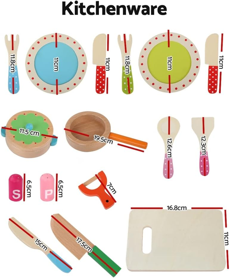 Keezi Kids Kitchen Set 29Pcs Pretend Play Food Playset Wooden Toys Children Cooking Cookware Sets Knife Safe Cutting Veggies Fruits Toy Home Cubby Furniture, Magnetic Connected Multicoloured image number 5