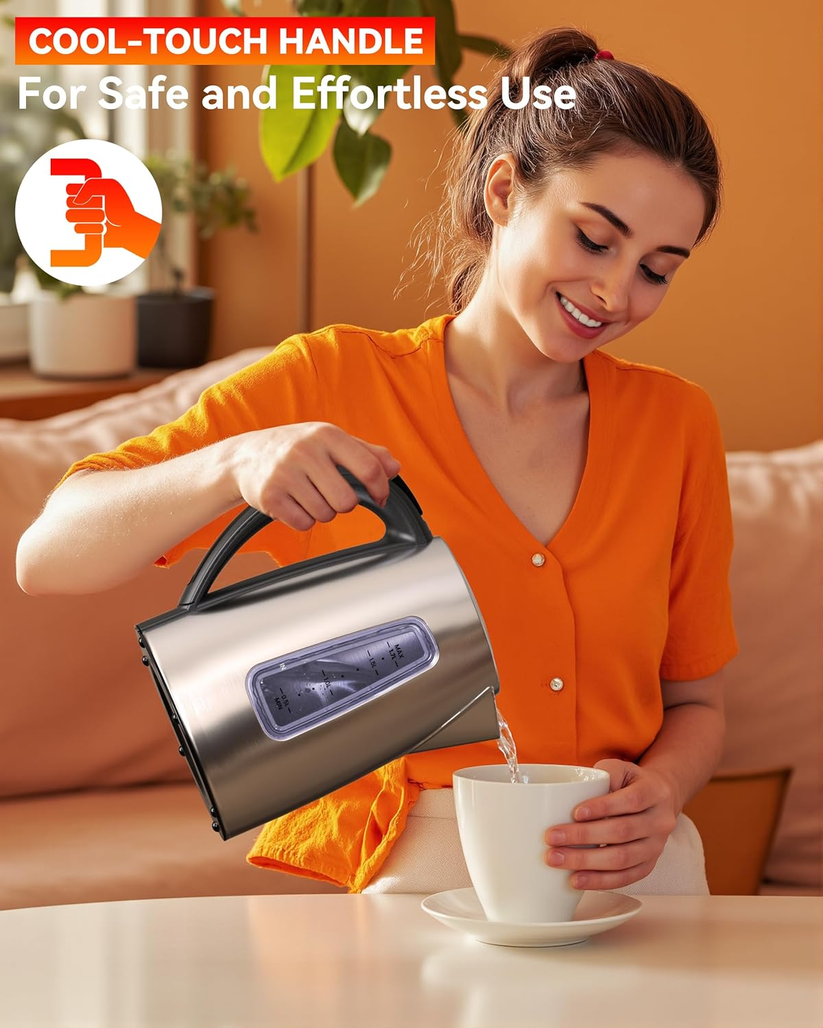 Billord Electric Kettle - 2200W Stainless Steel Kettle for Coffee & Tea, 1.7L Water Boiler with Temperature Control, Fast Boiling Water Kettles with Detachable Base, Auto Shut-Off, Boil-Dry Protection image number 3