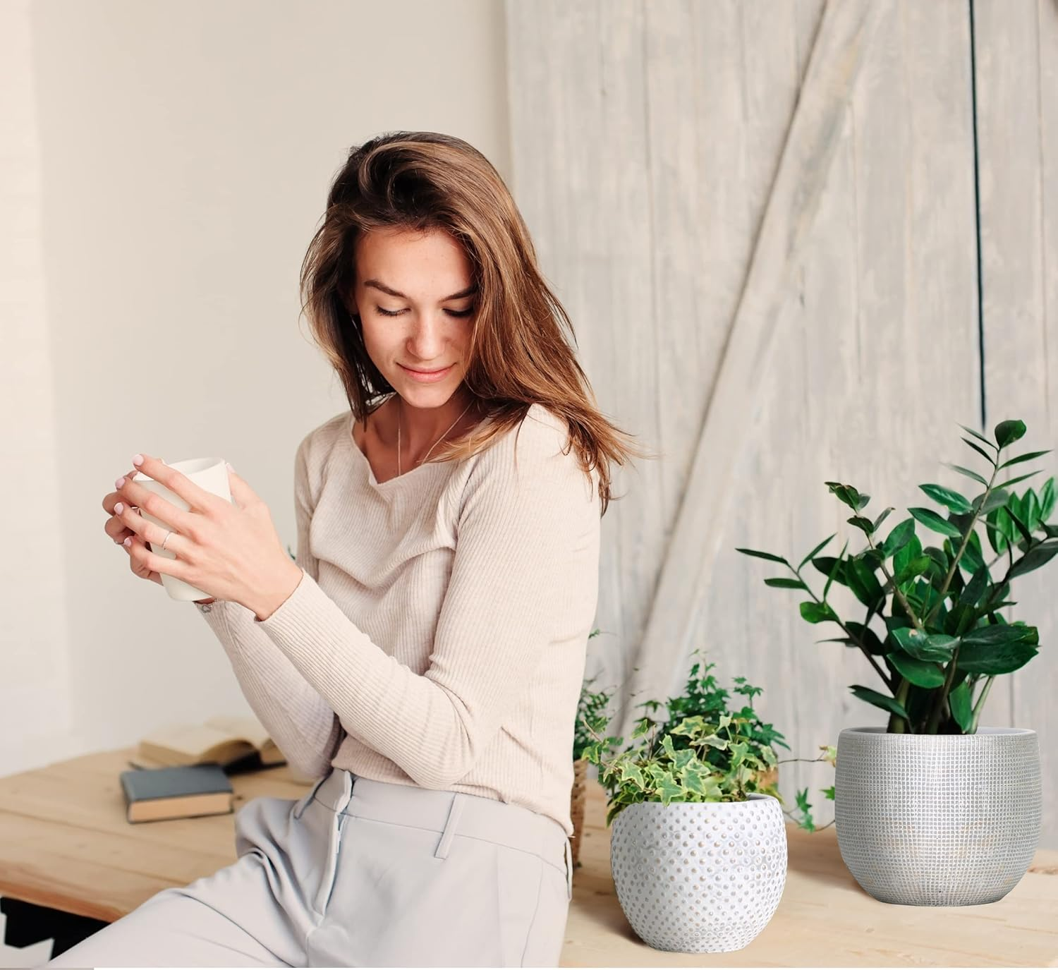 Ceramic Cream Gold Plant Pot Set 2-17 and 14Cm Indoor Planters Cement Outdoor Flower Pots