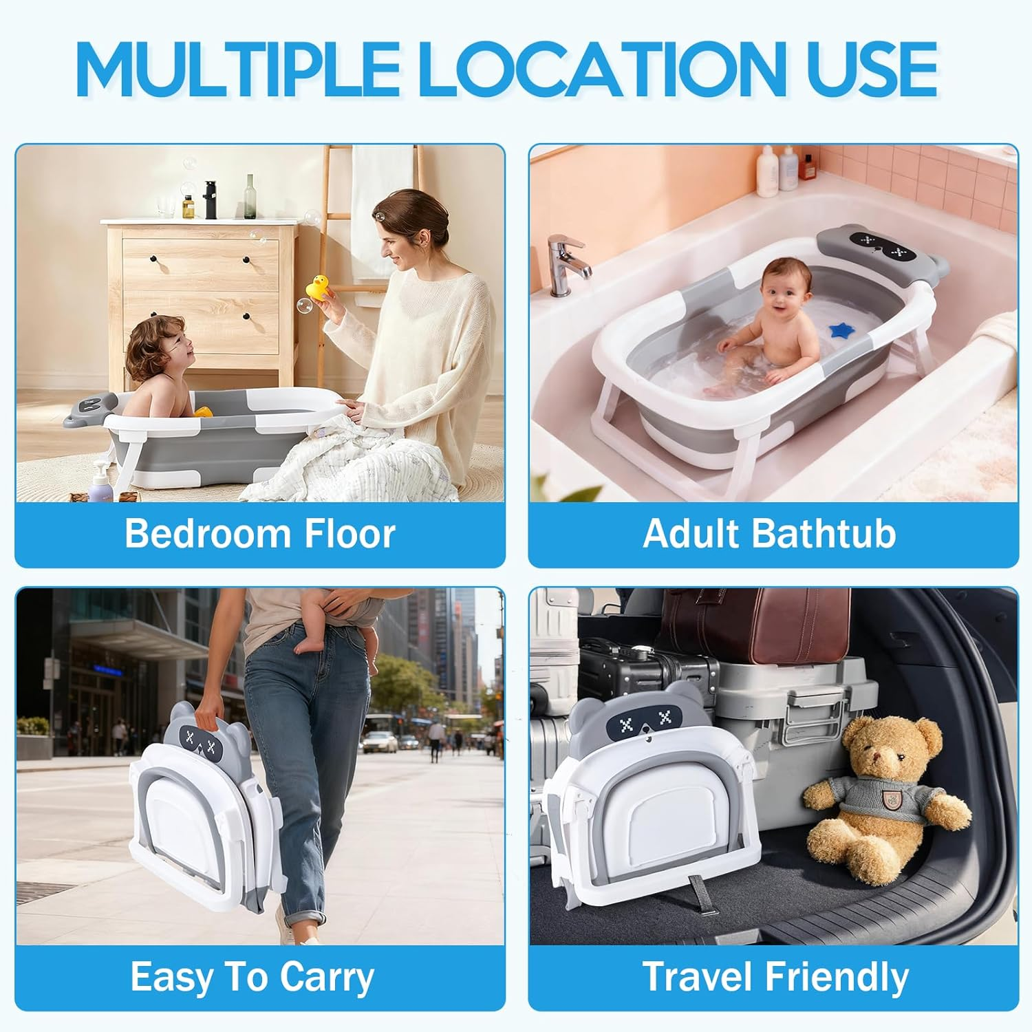 Collapsible Baby Bathtub for Newborn to Toddler,Durable Essential Grooming Infant Shower Tub,Portable Travel Baby Tub with Soft Cushion,No-Slip Hanging and Detachable image number 1