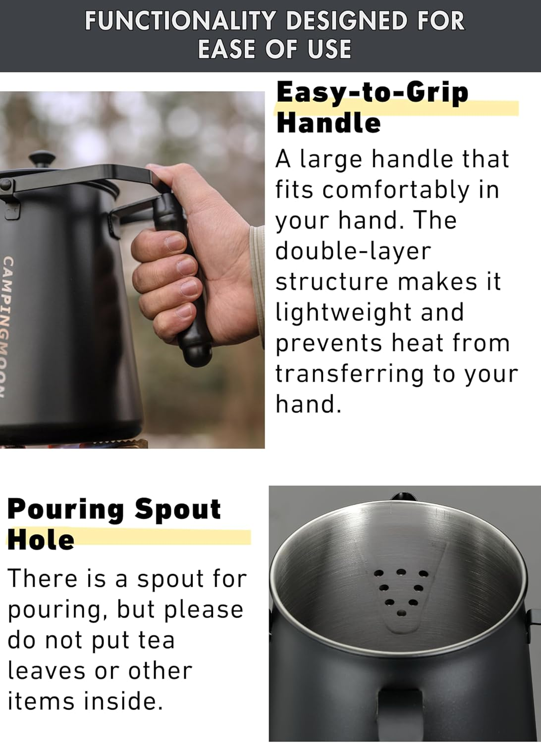 CAMPINGMOON 1.5L Campfire Kettle Stainless Steel Camping Kettle Black BKSW-6