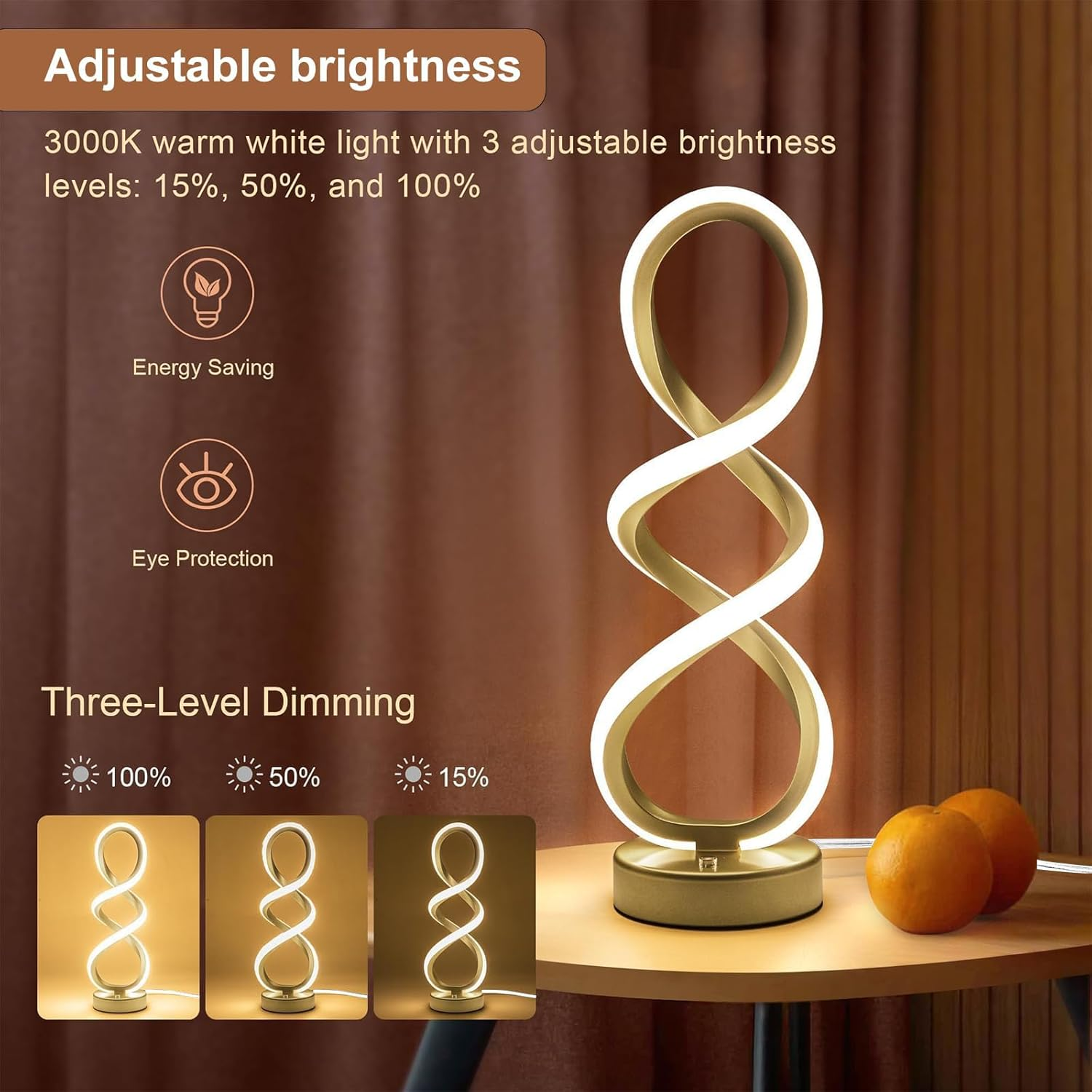 Modern Spiral Table Lamp, Bedside Lamp with Dimmable Metallic Bedside Lamp with Touch Controller, 3 Colour Temperature, Decorative Lamp for Living Room for Bedroom, Living Room, Home Office image number 2