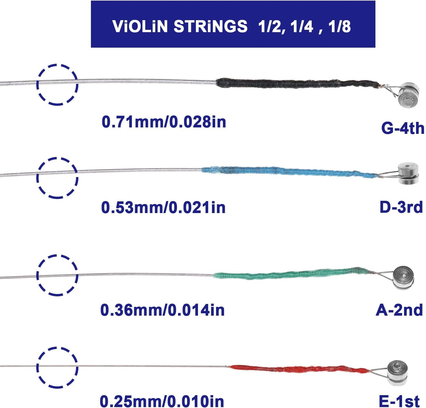 8PCS Violin Strings Full Set (G-D-A-E) Steel Core Compatible with Sizes 1/2, 1/4 and 1/8 Steel Strings with Nickel Plated Ball Head for Violin Instruments image number 2
