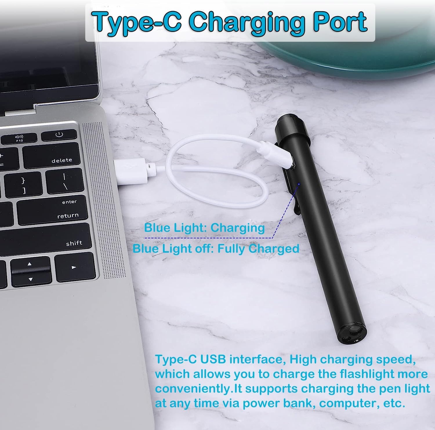 YUENTOEN Pen Light, LED Pupil Gauge Penlight with 2 Light LED Sources, USB Rechargeable Mini Penlight for Home Camping Outdoor and Emergency (Black)