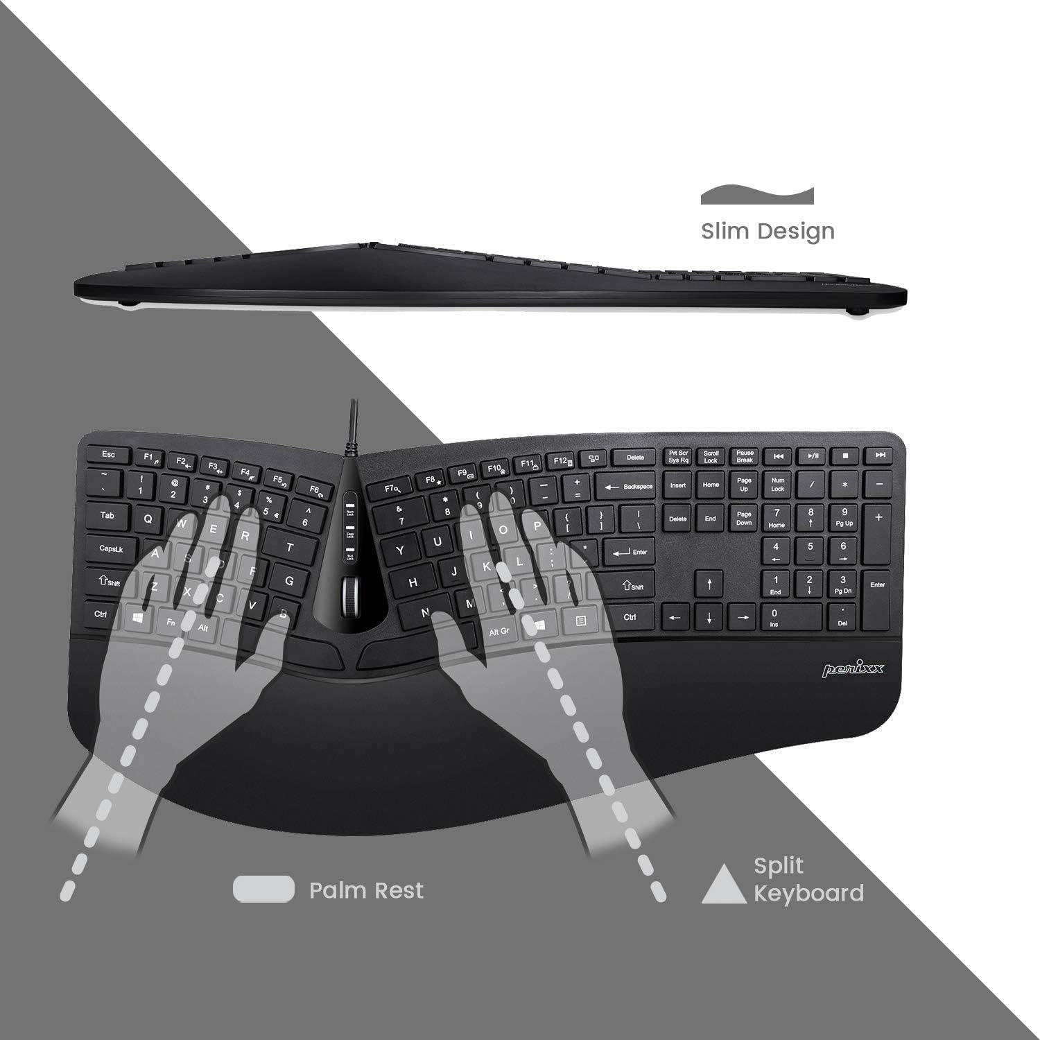 Perixx Periduo-505, Wired USB Ergonomic Split Keyboard and Vertical Mouse Combo with Adjustable Palm Rest and Short Tactical Membrane Keys, US English Layout image number 1