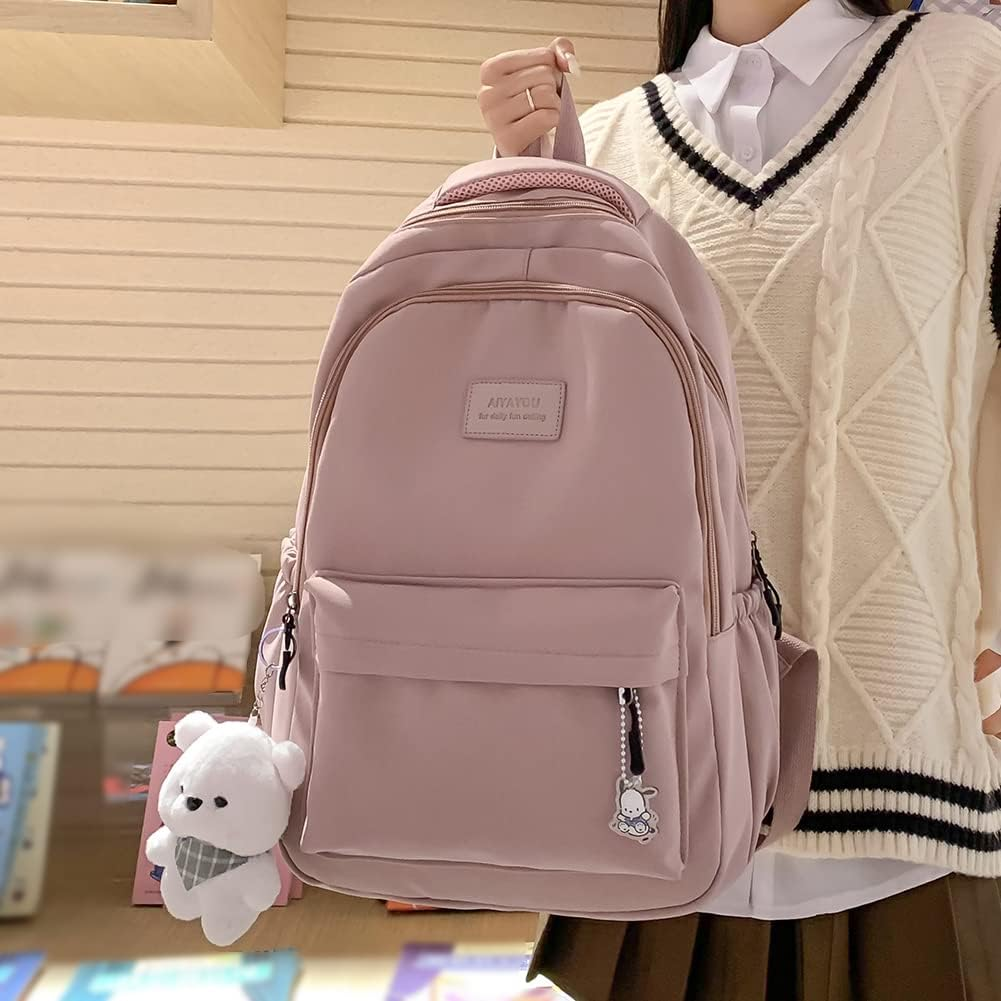 ALINUOYQ Student Schoolbag Large Capacity Ladies Bookbag with Cute Pendant Simple Adjustable Strap Fashion for Teenage Girls image number 6