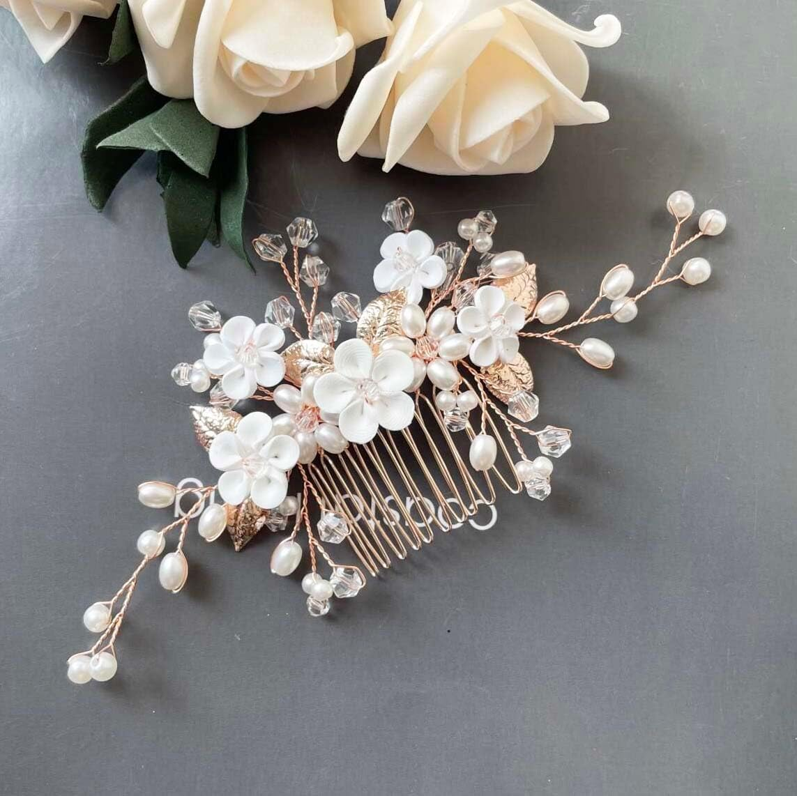 Resweky Bride Wedding Flower Hair Comb Pearl Bridal Hair Side Comb Pieces Bridal Hair Accessories for Women and Girls (Rose Gold) image number 1
