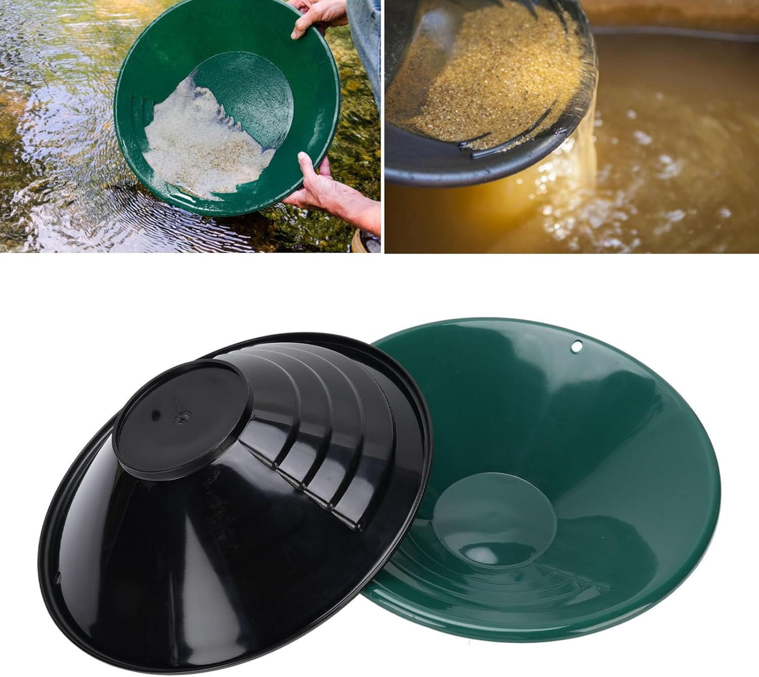 Gold Panning Kit, Gold Panning Kits 2Pcs 26.5Cm Gold Pan ABS 90&deg; Thread Gold Washing Pan Set for Beginners Black Green for Adults and Kids, Gold Prospecting Tools image number 3