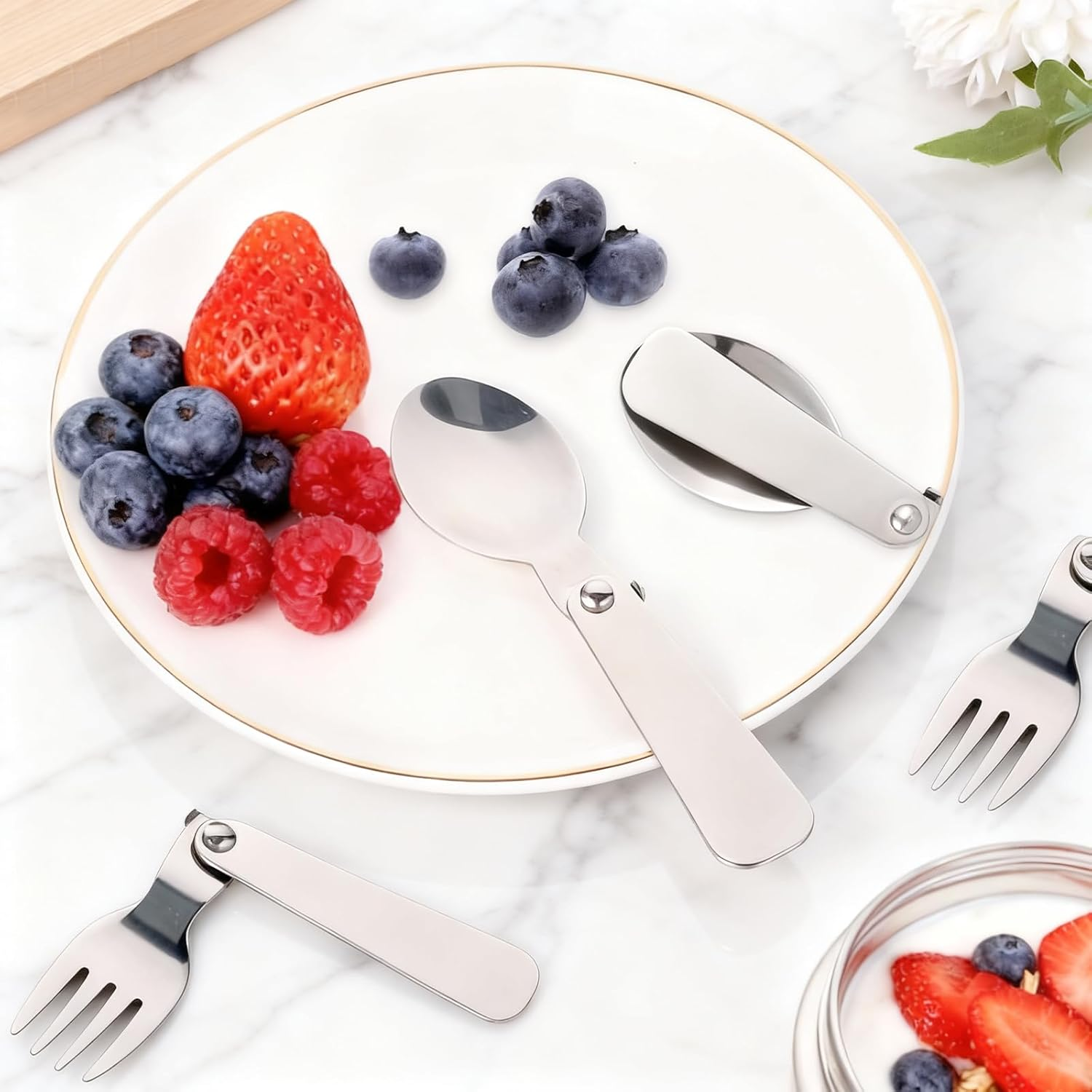 3Pcs Folding Spoon & 3Pcs Folding Forks for Thermos Funtainer 10Oz Food Jar, Stainless Steel Portable Replacement Utensils for Travel Camping Picnic Outdoor Activities image number 2