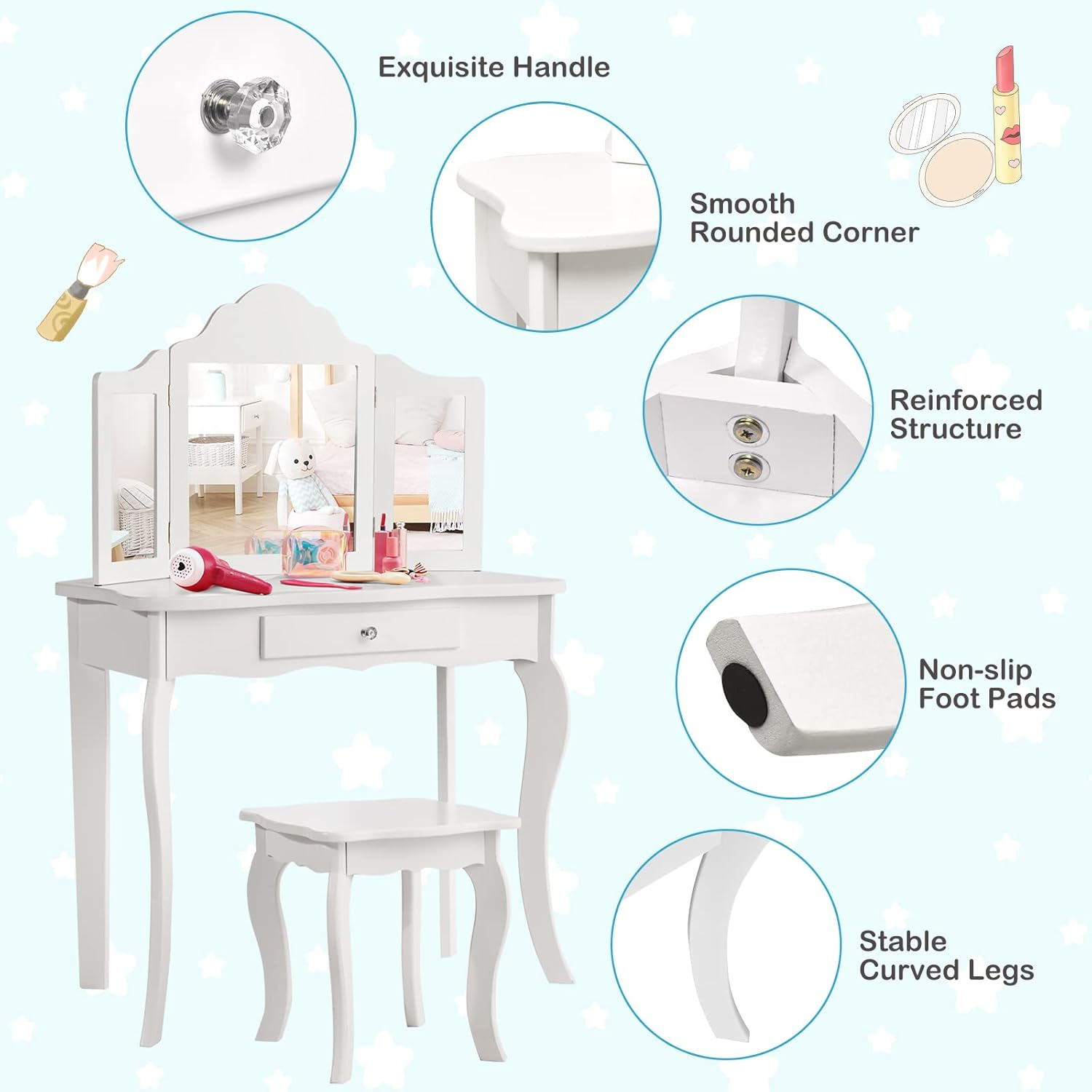 Costway Kids Vanity Table & Stool Set, Toddler Princess Dresser Table W/Tri-Folding Mirror & Large Drawer, 2-In-1 Detachable Mirror Top Design, Smooth Surface, Versatile Use, Easy Assembly