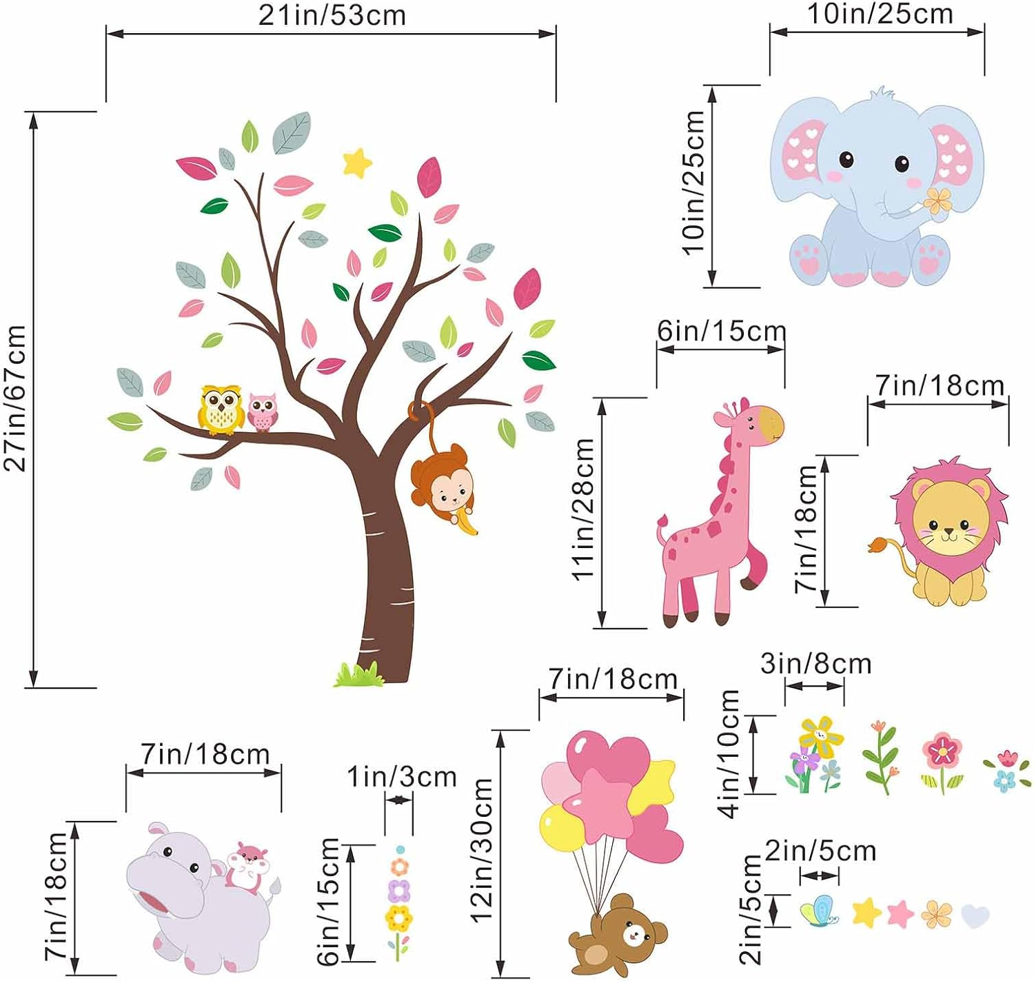 Pink Animals Baby Wall Stickers - Forest Lion Elephant Monkey Hippo Wall Decals - Girls Baby Nursery Kids Room Wall Decor image number 4