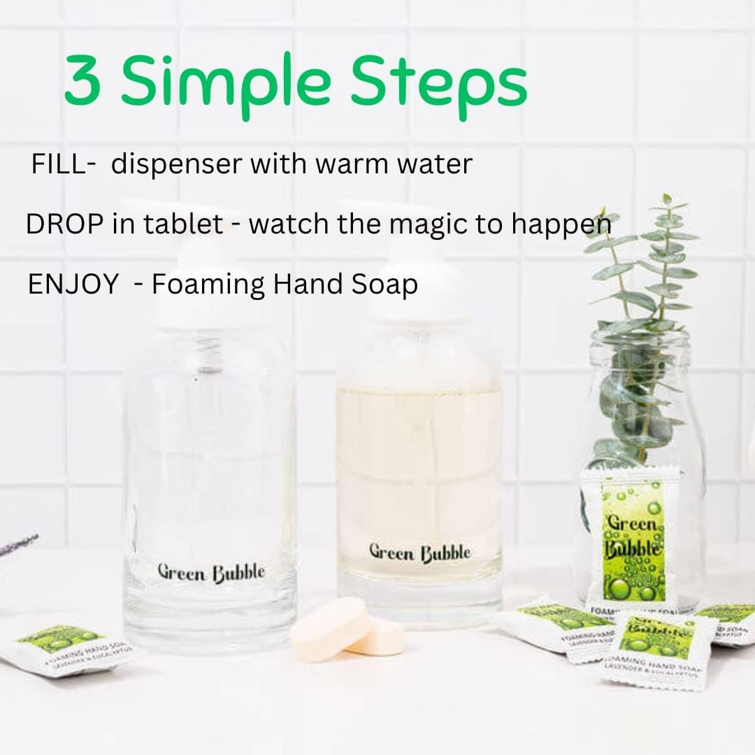 Green Bubble Single Hand Soap Kit, 1 Glass Soap Dispenser, 3 Foaming Hand Soap Refill, Makes 1 Liter of Soap, ((Makes 3X 350Ml Bottles of Soap) (1 Foaming Dispenser + 3 Hand Soap Tablets) image number 1