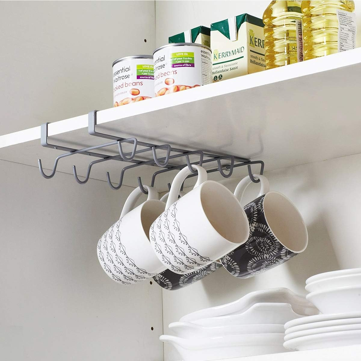 Joeji'S Kitchen Mug Holder & Cupboard Organiser | Silver Kitchen Cupboard Storage Organiser Ideal as Cup Holder or Mug Rack | Iron Wire Cupboard Shelf Organiser with Mug Hooks under Shelf image number 4