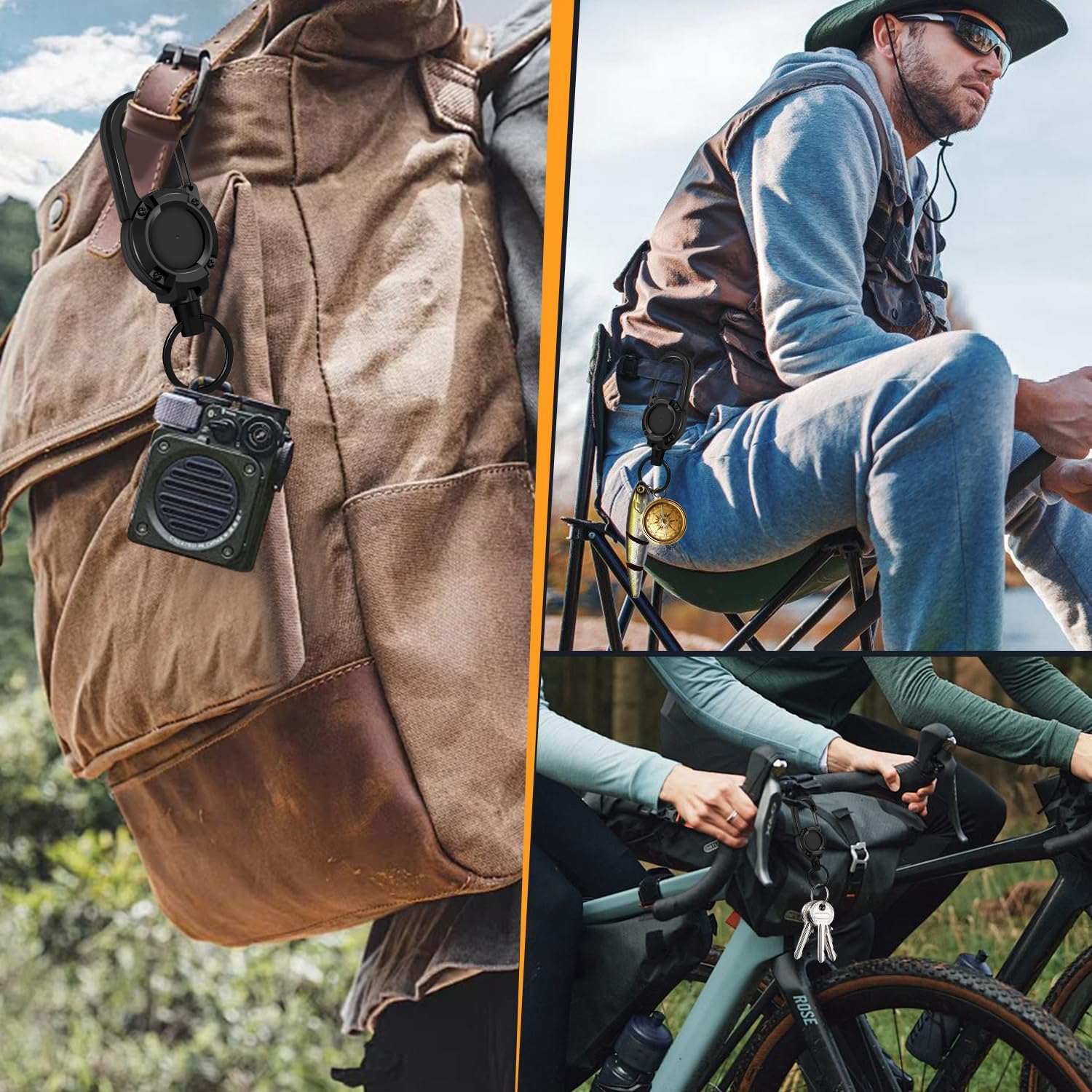 Heavy Duty Retractable Keychain 3 Pack, Retractable ID Badge Holder Reel, Multitool Carabine Key Holder for Keychain, Badge Holder with 23.6" Steel Cord Key Ring Clip, 8.0 Oz (3X Black) image number 2