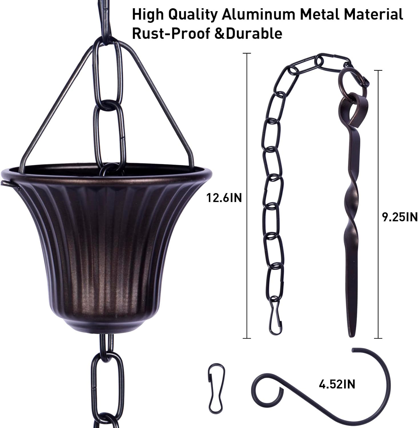 Rain Chain Set 8.5 Ft,Not Rust Wrought Iron Rain Chains for Gutters with Adapter Gotta Drain and Anchoring Stake, 14 Cups, 1 Hook, Adjustable Length for Garden Decorative (Coffee) image number 6