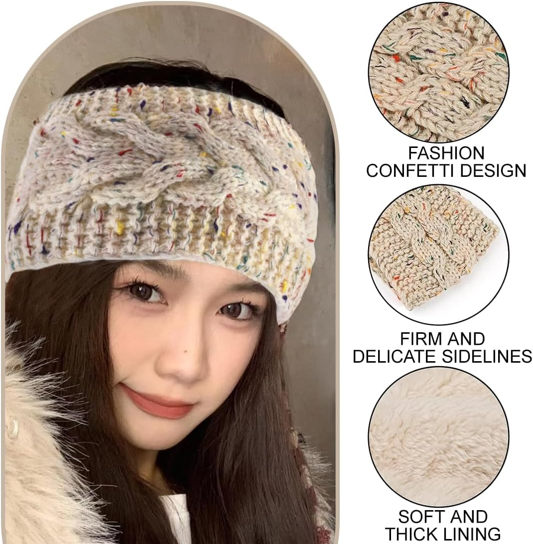 Women'S Winter Headband, Knitted Hair Bands, Winter Crochet Head Wrap, Women'S Winter Headband, Elastic Hair Band, Black, Beige, Pack of 2 image number 2