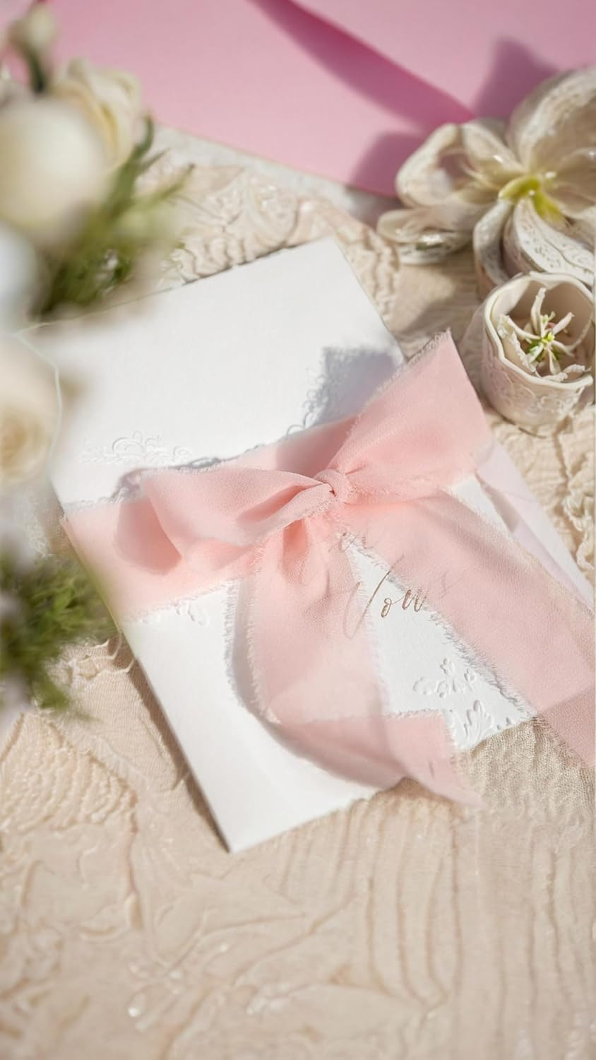 Honwor Handmade Fringe Ribbon Bundle - 2 Rolls, 4Cm X 5M Pink Chiffon & Rose Pink Cotton, for Elegant Wedding Decor, Gifts & DIY Crafts image number 1