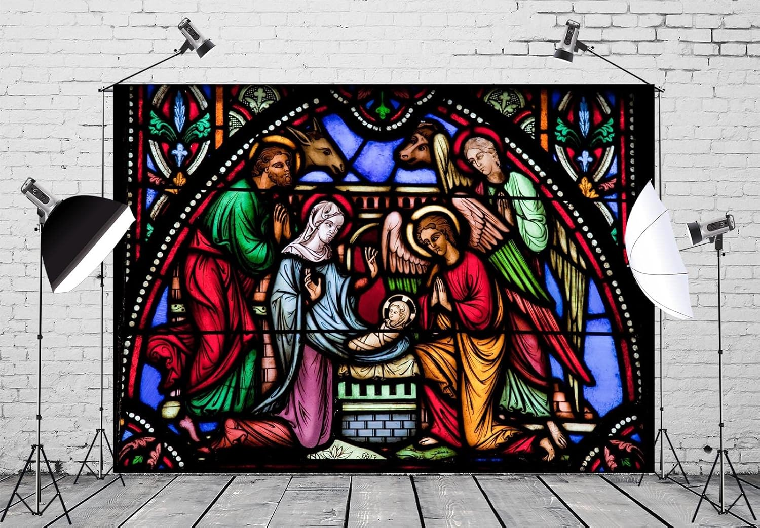 BELECO 8X6Ft Fabric Christmas Nativity Scene Backdrop Cathedral Stained Glass Window Religious Xmas Church Birth of Jesus Photography Background Holy Family Nativity Decor Photo Studio Props