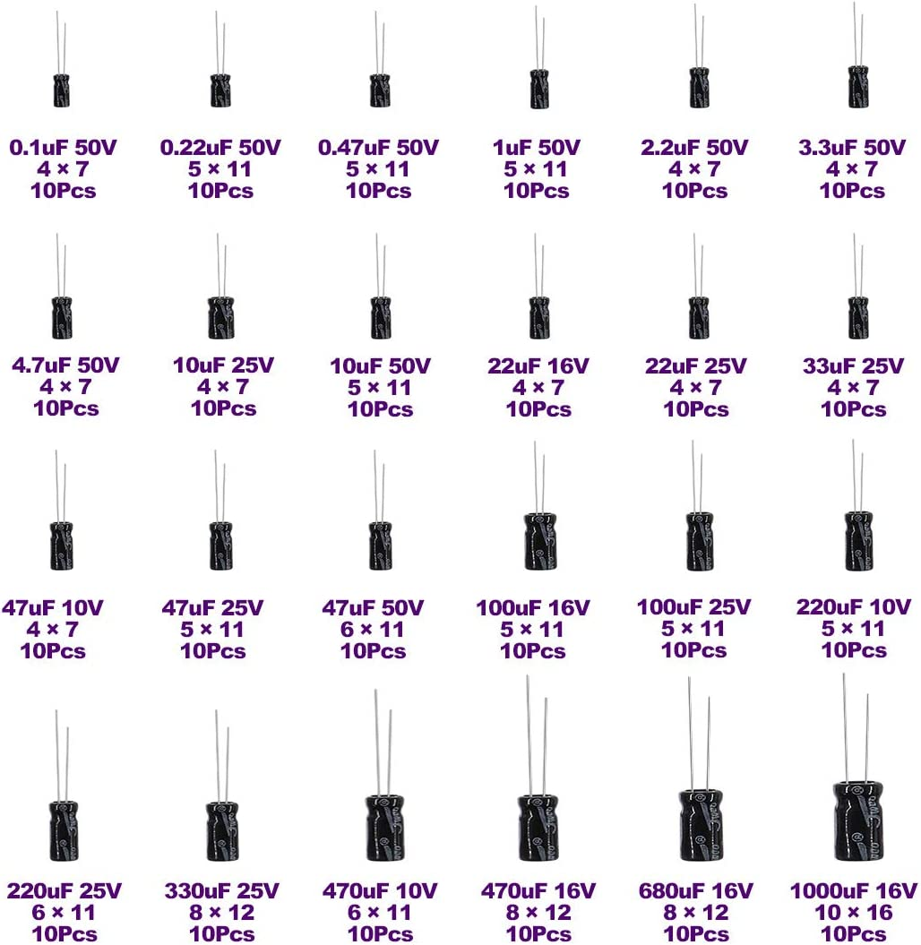 Swpeet 240Pcs 24 Kinds Different Electrolytic Capacitors Range 0.1Uf－1000Uf Assortment Kit, 10V/16V/25V/50V Aluminum Radial Electrolytic Capacitors for TV, LCD Monitor, Radio, Stereo, Game image number 1