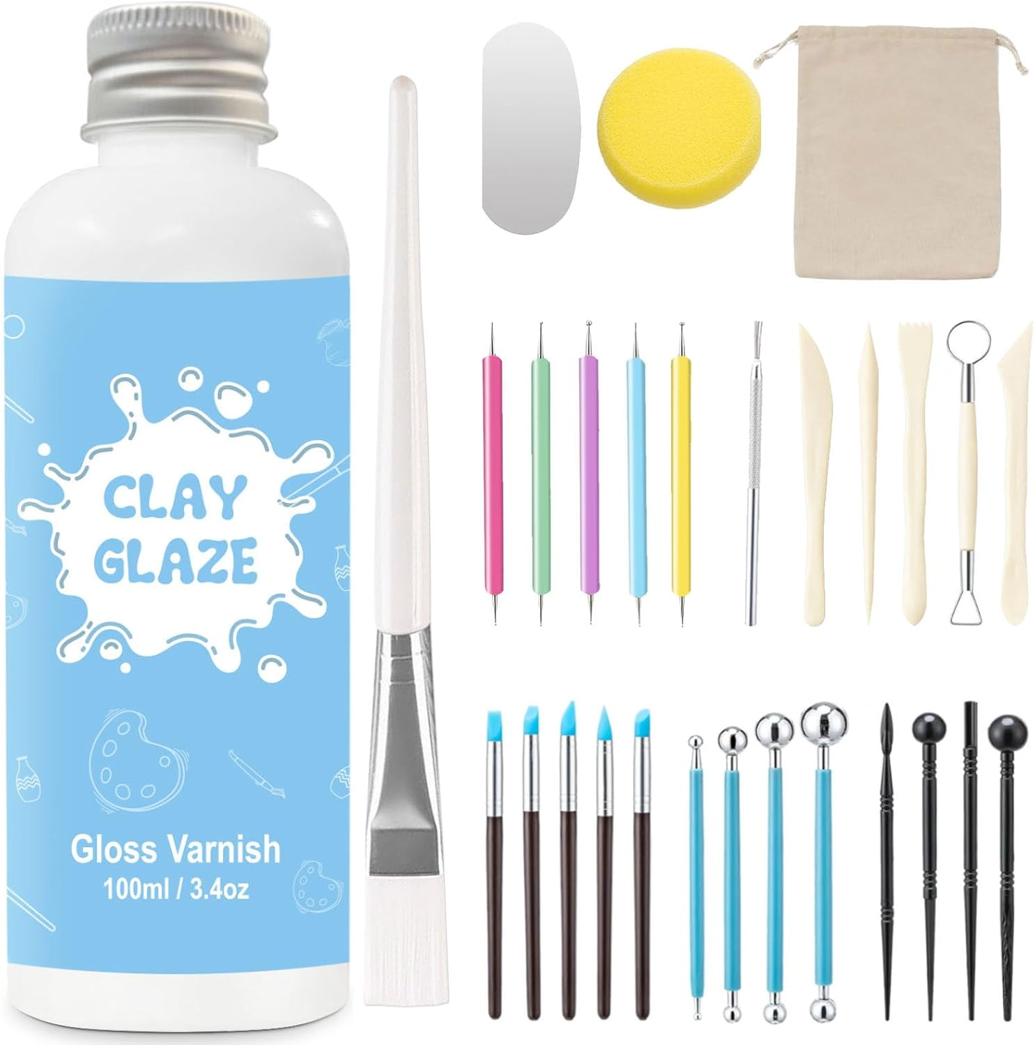 EIGTWEN 100Ml Air Dry Clay Glaze and 29Pcs Clay Tools Kit, Gloss Clay Varnish Protects Clay from Surface Wear, Pottery Tools Can Be Used for Stippling, Carving, Molding, and Shaping Clay Crafts(Gloss) image number 4