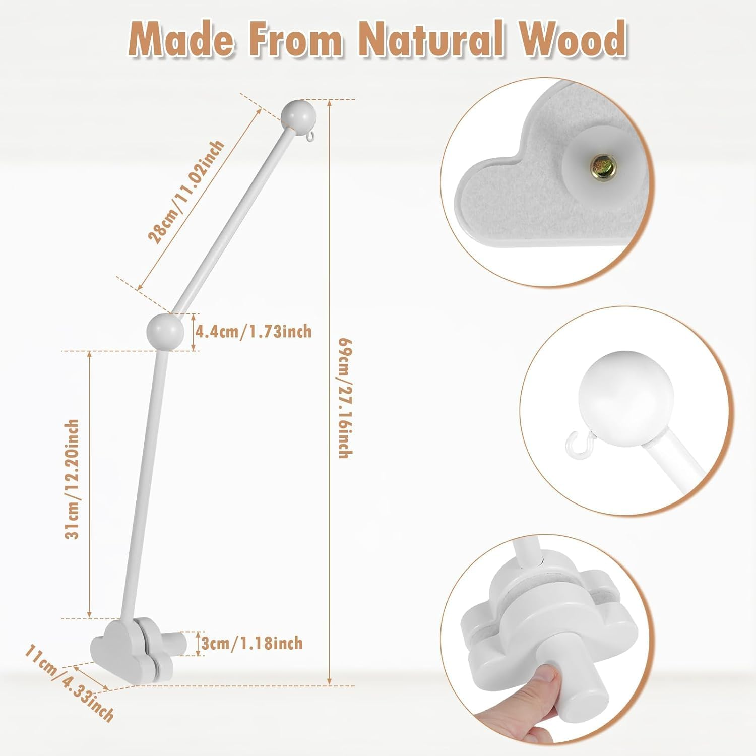27 Inch Wooden Baby Crib Mobile Arm, Adjustable Angle & Height, Non-Skid, Easy to Install, Unisex Baby, Crib Mount image number 6