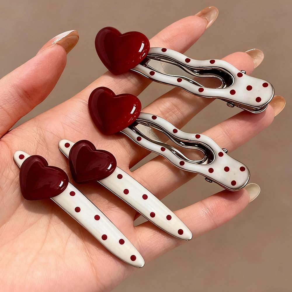Red Dots 3D Heart Decorative Hair Clips Silver Metal Hair Clip Hair Clips for Women Kawaii Willow Wave Hair Clips Hair Clip Women'S Duck Beak Alligator Hair Clip Hair Accessories image number 4