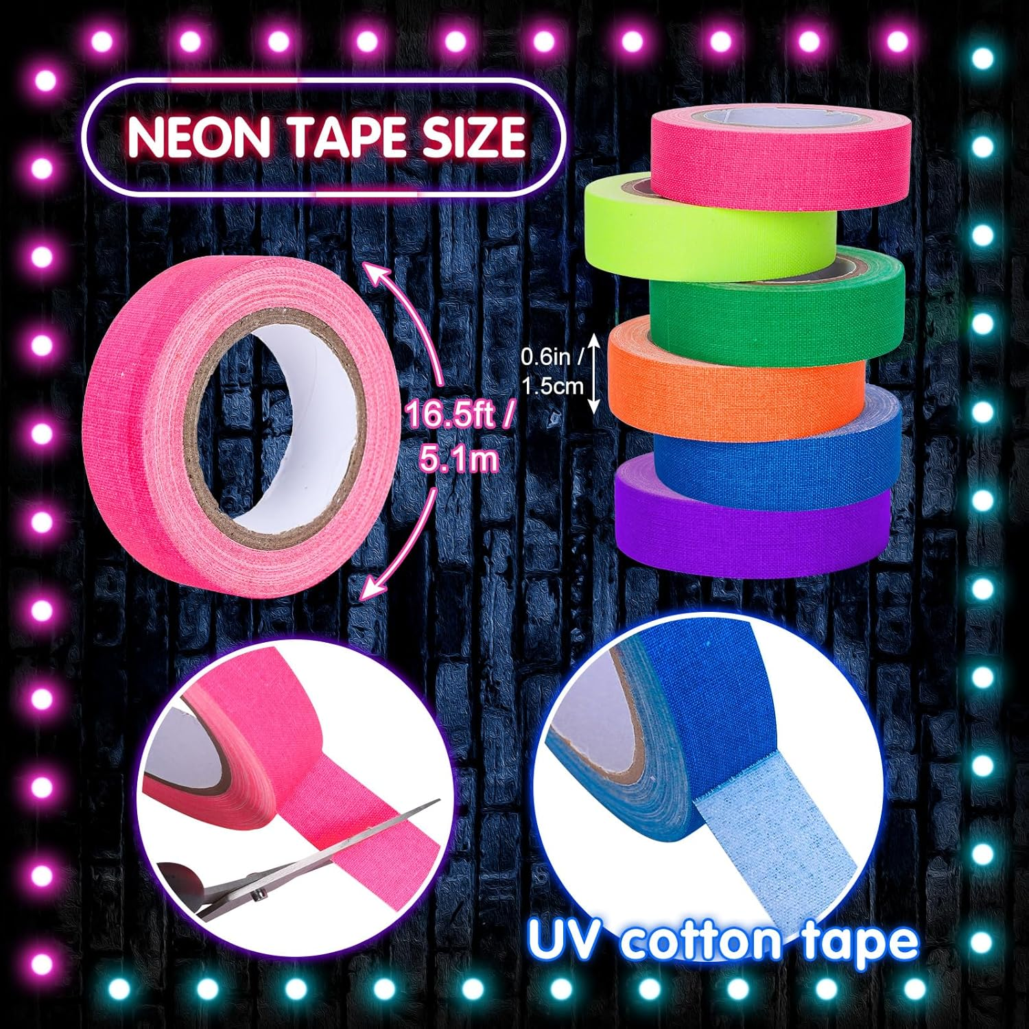 Whaline 6 Colors Neon Gaffer Cloth Tape, Fluorescent UV Blacklight Glow in the Dark Tape for UV Party (0.6 Inch X 16.5 Feet) image number 1