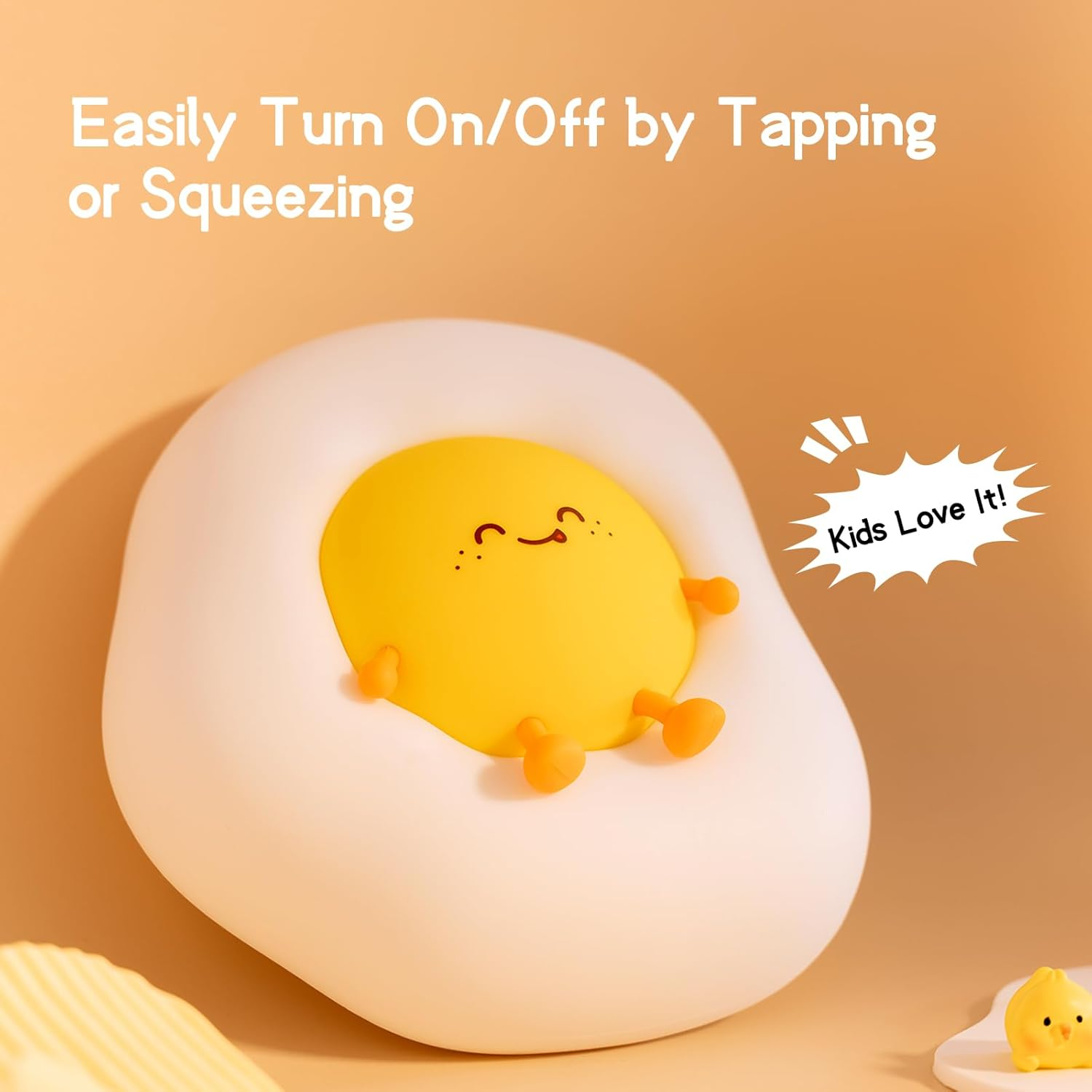 Cute Night Light for Kids Baby, Portable Silicone Rechargeable Nightlight, Cordless LED Touch Sensor Dimmable Bedside Lamp, Small Squishy Toy for Boy Girl, Nursery Decor (Fried Egg) image number 1