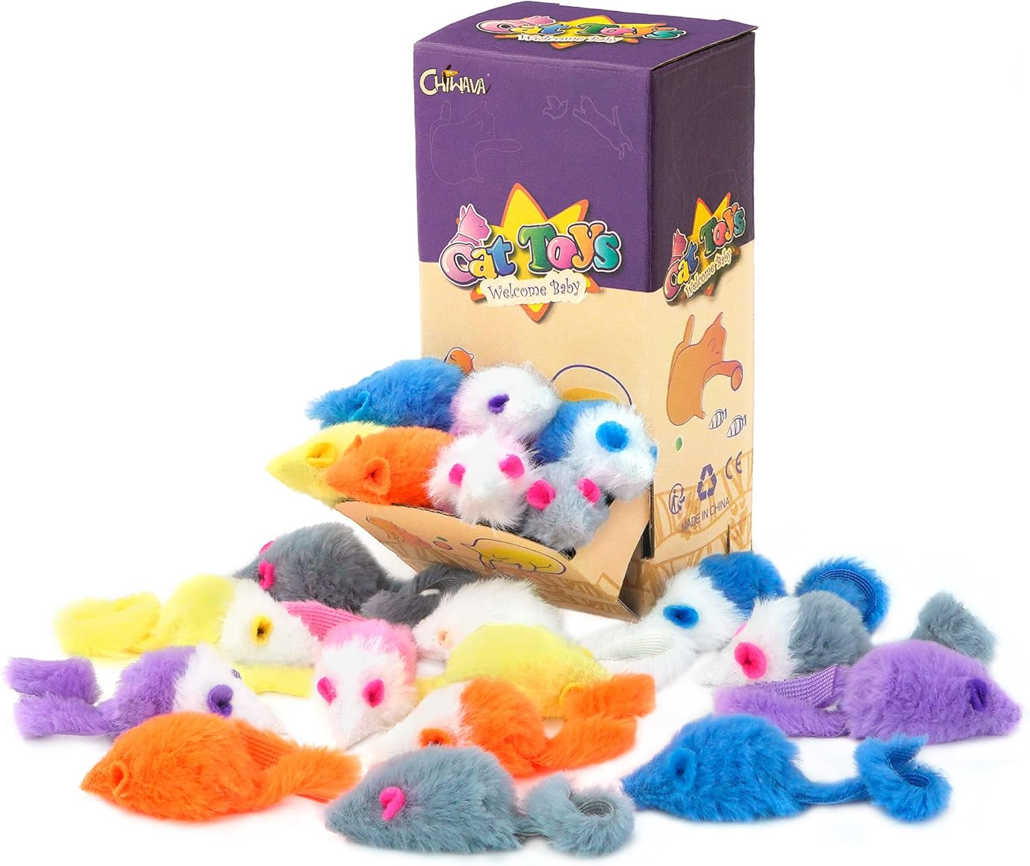 CHIWAVA 36PCS 1.8" Candy Color Furry Mice Cat Toy Rattle Mouse Kitten Interactive Toy Assorted Color image number 1