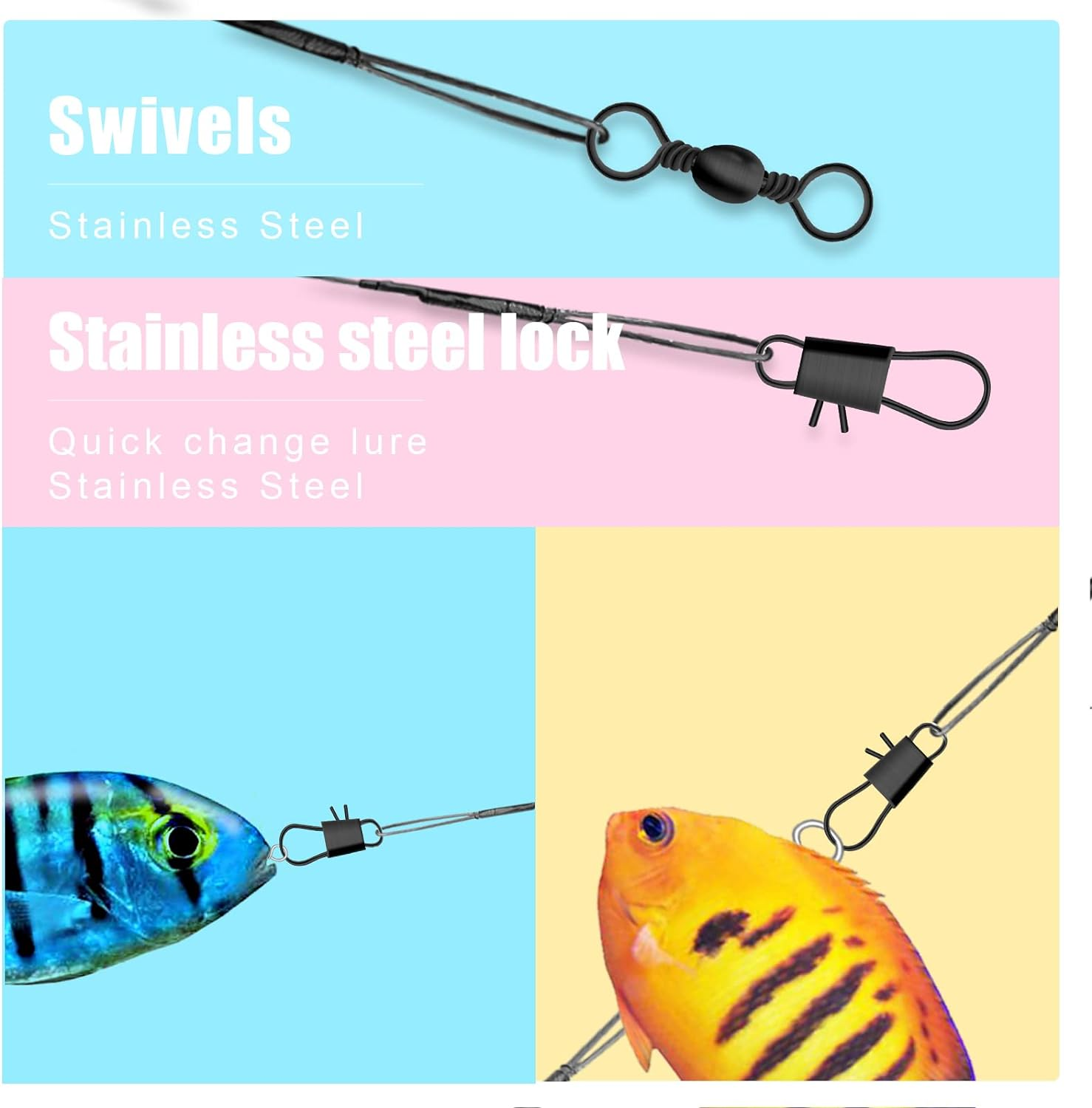 KINBOM 60Pcs Fishing Tackle Leaders, Stainless Steel Fishing Leader Line Wire with Swivel Buckles for Saltwater & Freshwater Connecting Fishing Tackle Lure or Hook image number 1