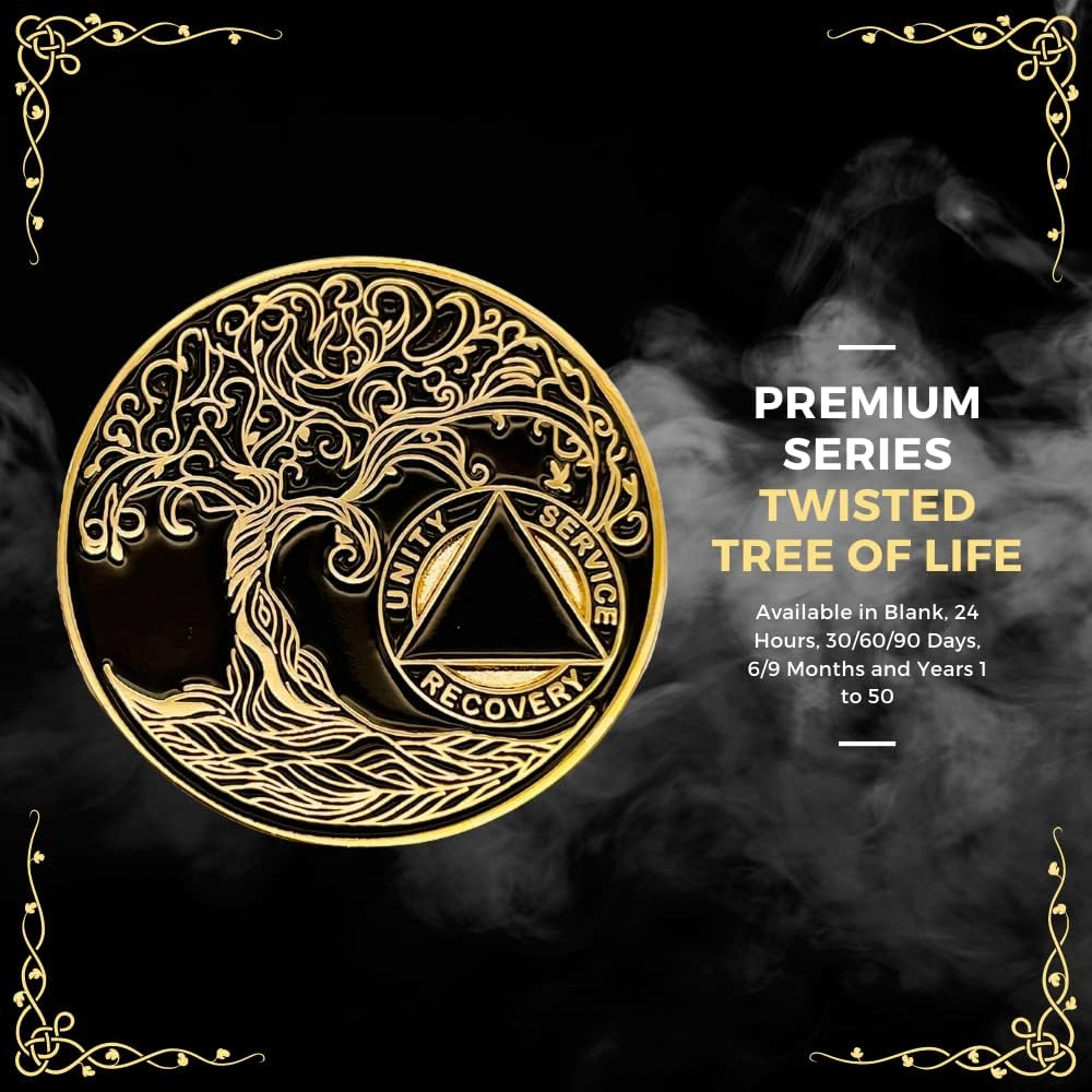 9 Months Sobriety Mint Twisted Tree of Life Gold Plated AA Recovery Medallion/Chip/Token - Black image number 5