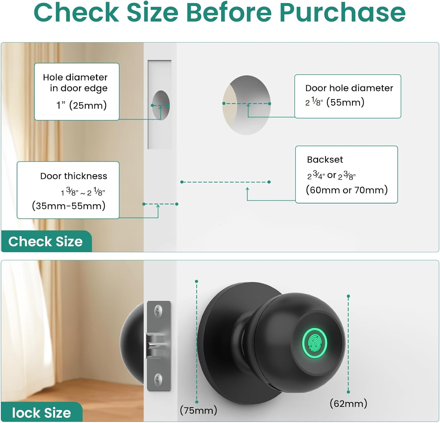 Ghome Smart Fingerprint Door Lock, Door Knob with App Smart Lock for Bedroom Door, Keyless Entry, Type-C Port Emergency Charging, Biometric Lock Great for Room, Garage, Office, Apartment (Matt Black) image number 3