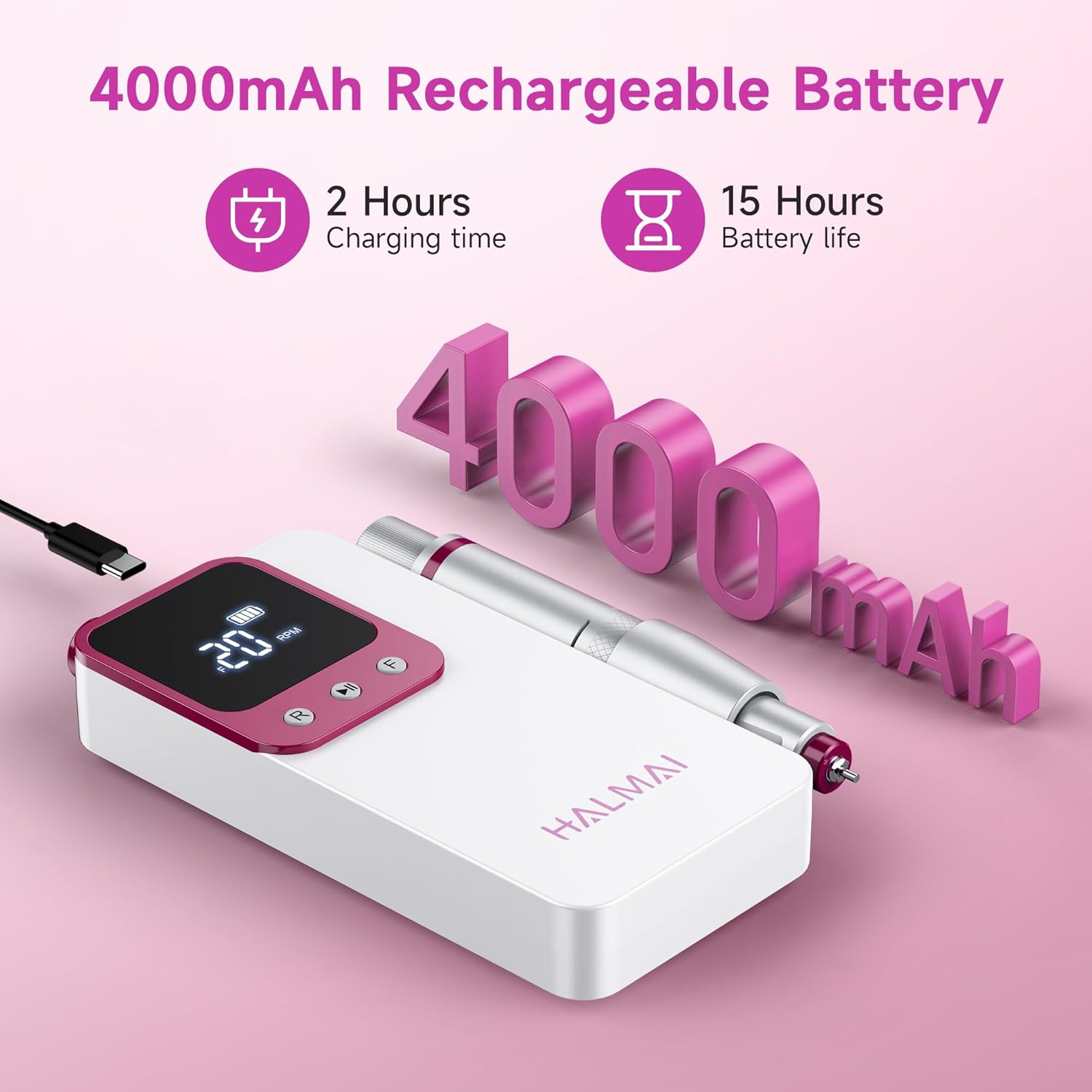 HALMAI Electric Nail Drill Professional, Portable Nail File for Acrylic Gel Nails, Cordless Rechargeable Ultra Power Nail Drill Kit 40000RPM, HMC320 Salon-Grade Efile Nail Machine(White) image number 4
