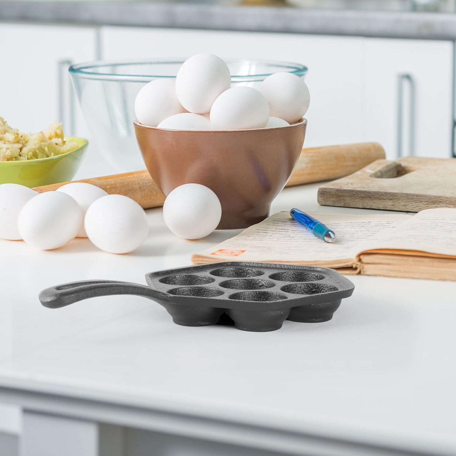 Cast Iron Danish Aebleskiver Pan, Preseasoned Cast Iron Cookware for Pancake Puffs, Makes 7 Pancake Balls by Commercial Chef image number 1