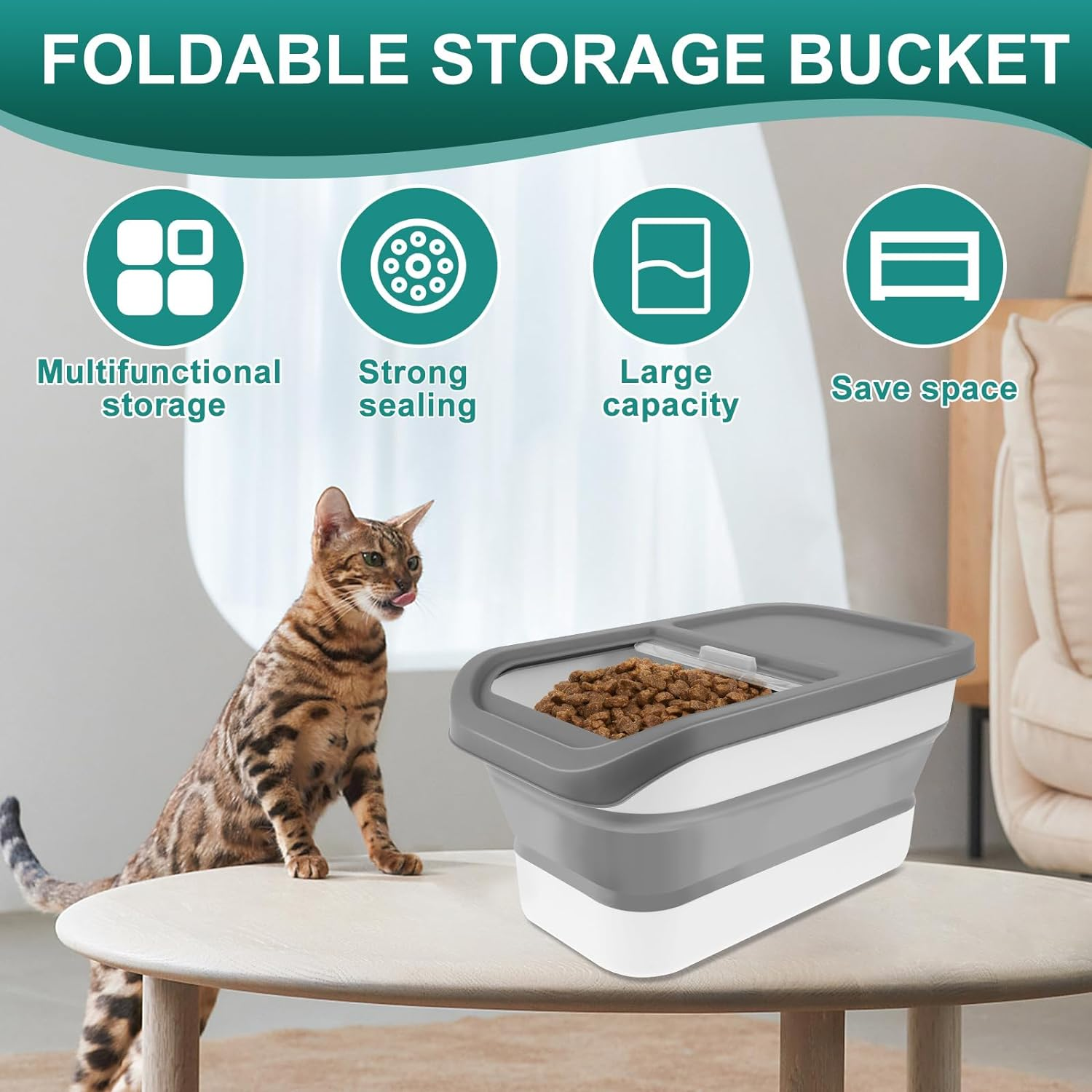 Dog Food Container, Pet Food Container with Measuring Cup & Scoop, 13-20LB Collapsible Food Containers Sliding Lids Cat Food Storage Box, Airtight Dry Food Bin for Pet