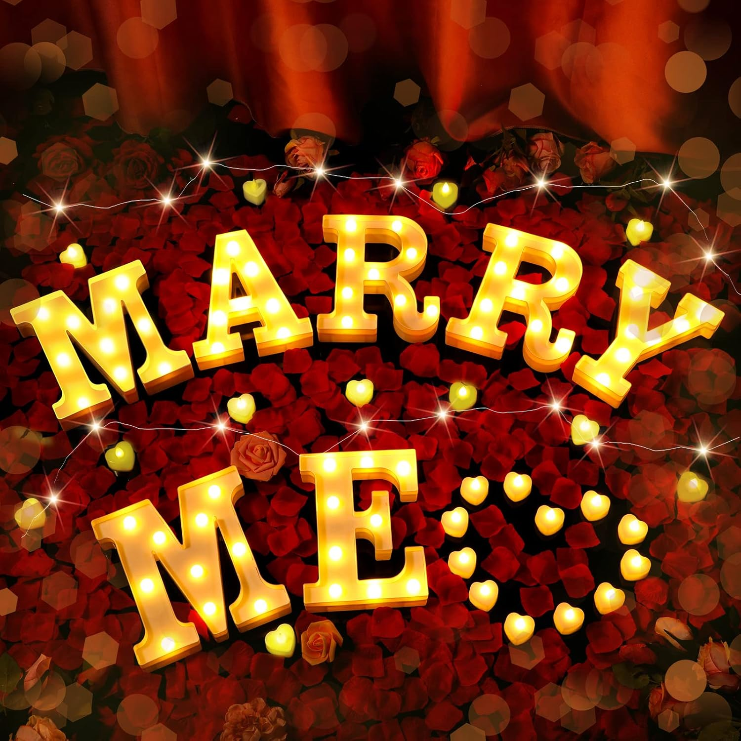 Hortsun Marry Me Light up Letters Proposal Decorations Will You Marry Me Sign Rose Petals 24 LED Candles Romantic Night Light for Proposal Engagement Wedding Outdoor(Red) image number 2
