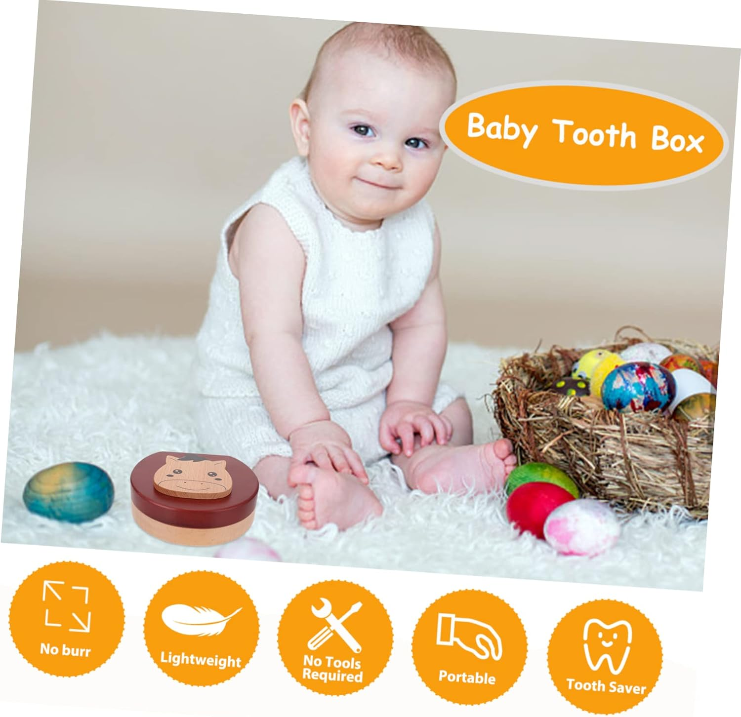 Baby Tooth Box Keepsake Organizer Wooden Tooth Holder for Boys and Girls Storage Case Zodiac Horse Design for Childhood Memory image number 3