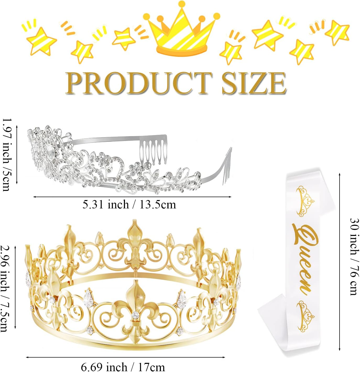 2Pack Prom King and Queen Crowns for Men Women Kings Crown Metal Crystal Tiara Crown for Women Men Bridegroom Bride Princess for Birthday Wedding Halloween