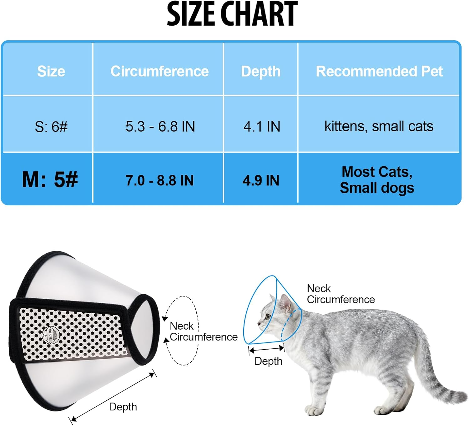 Depets Adjustable Recovery Pet Cone E-Collar for Cats Puppy Rabbit, Plastic Elizabeth Protective Collar Wound Healing Practical Neck Cover, Neck Girth 8.1 In image number 5