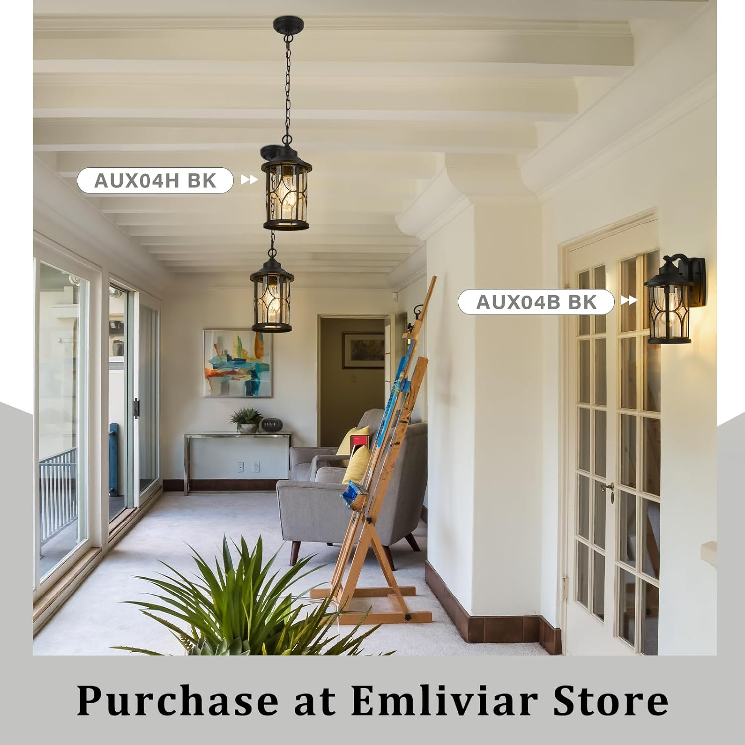 EMLIVIAR Outdoor Pendant Light for Porch - 12 Inch Farmhouse Exterior Hanging Lantern with Seeded Glass, Black Finish, AUX04H BK image number 1