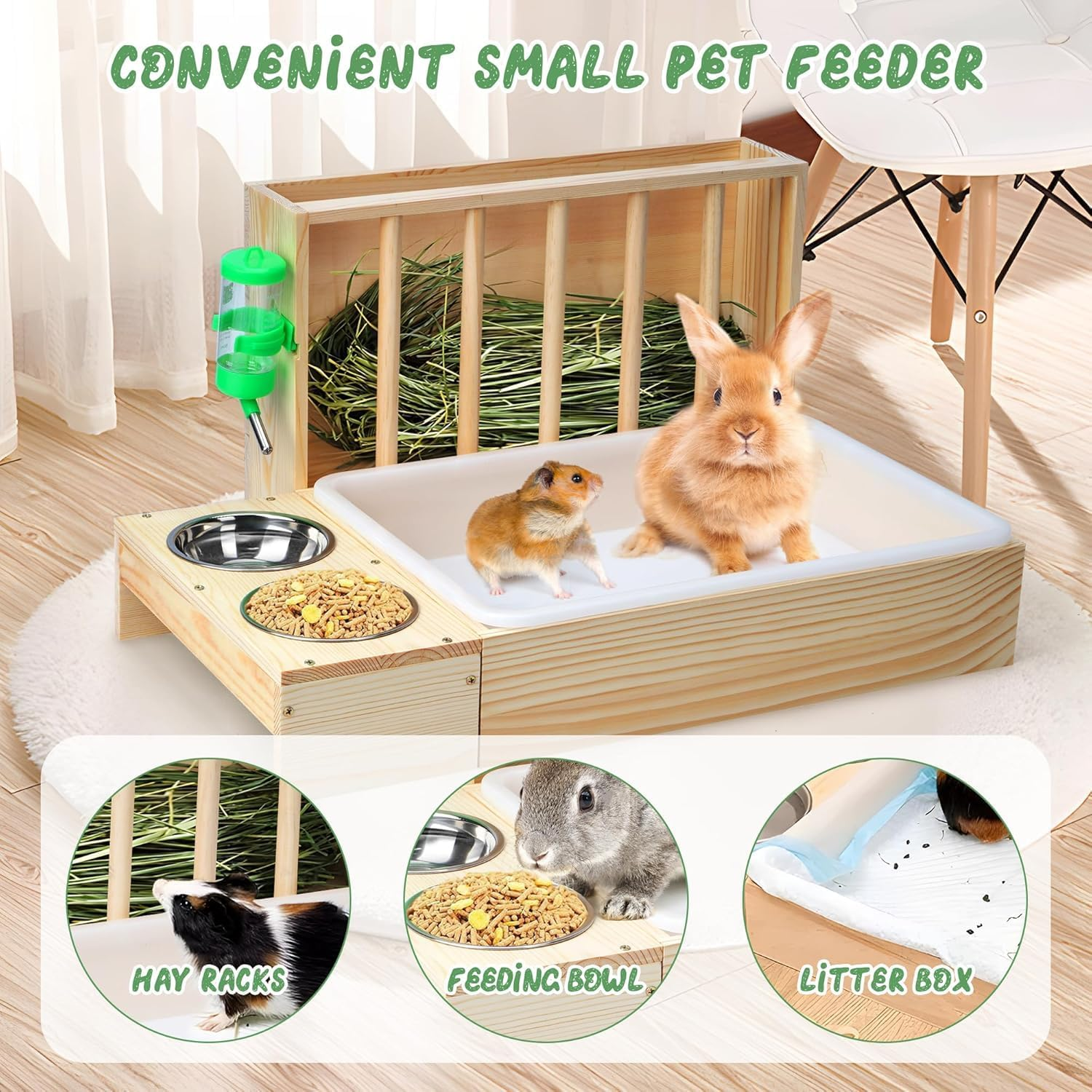 Hay Feeder with Litter Box and Bowls, Wooden Guinea Pig Holder Toilet for Bunny, Chinchillas, Hamster, Small Pet Rack Manger, Wood Colour image number 2