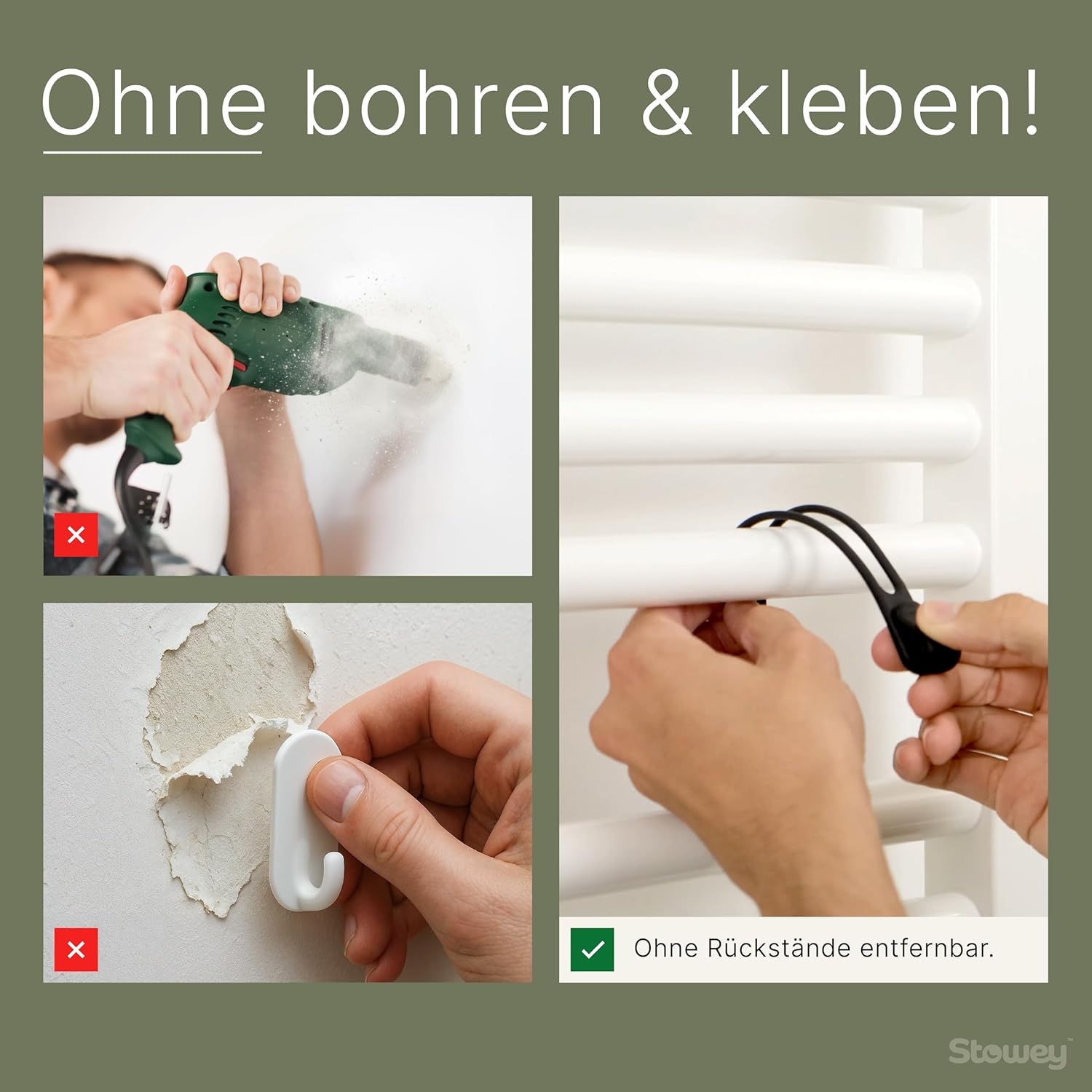 Home Hook Towel Rail without Drilling and Gluing (Pack of 2) - for the Whole Household, the Hook Is Your New Bathroom and Kitchen Organiser, Top Housewarming Gift, Holds 10 Kg, 2 X Coat Hooks, Black image number 3