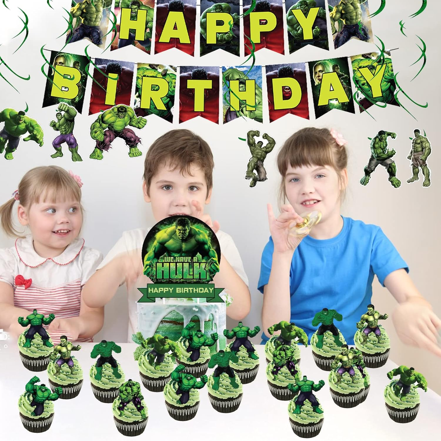 FAMILIO 46 Pcs Hulk Cartoon Party Decoration -Cartoon Character Party Supplies Cartoon Theme Birthday Party Decorations for Kids Adults with Cake Topper for Boys Girls Party