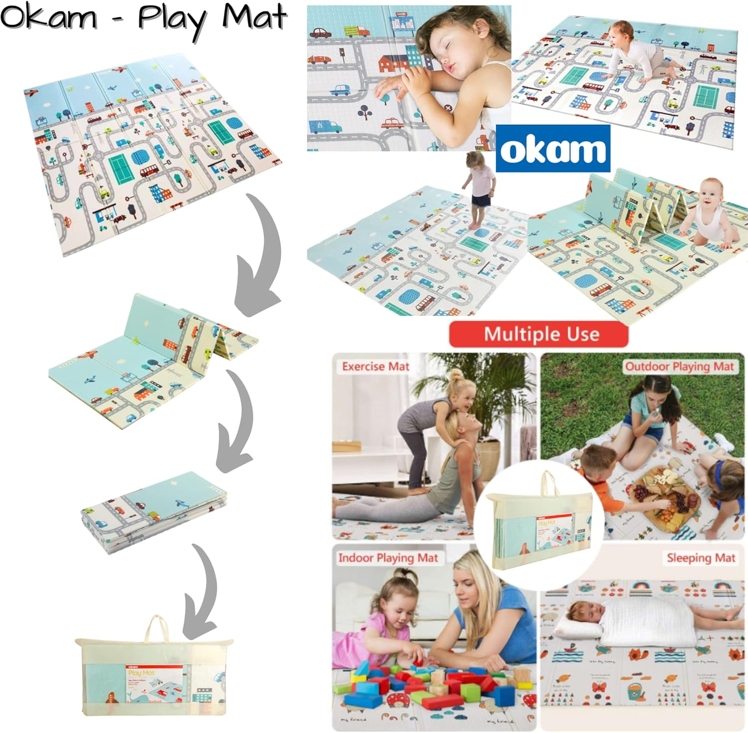 Baby Play Mat & Gym Mat Large XPE Foam Kids Playmat Soft Waterproof Padded Floormat 2Mx1.5M Foldable Reversible Also Suitable as Rug for Playpen with Free Storage & Travel Carry Bag; Fire Engine Design on 1 Side and Road Track Design on the Flip Side image number 3